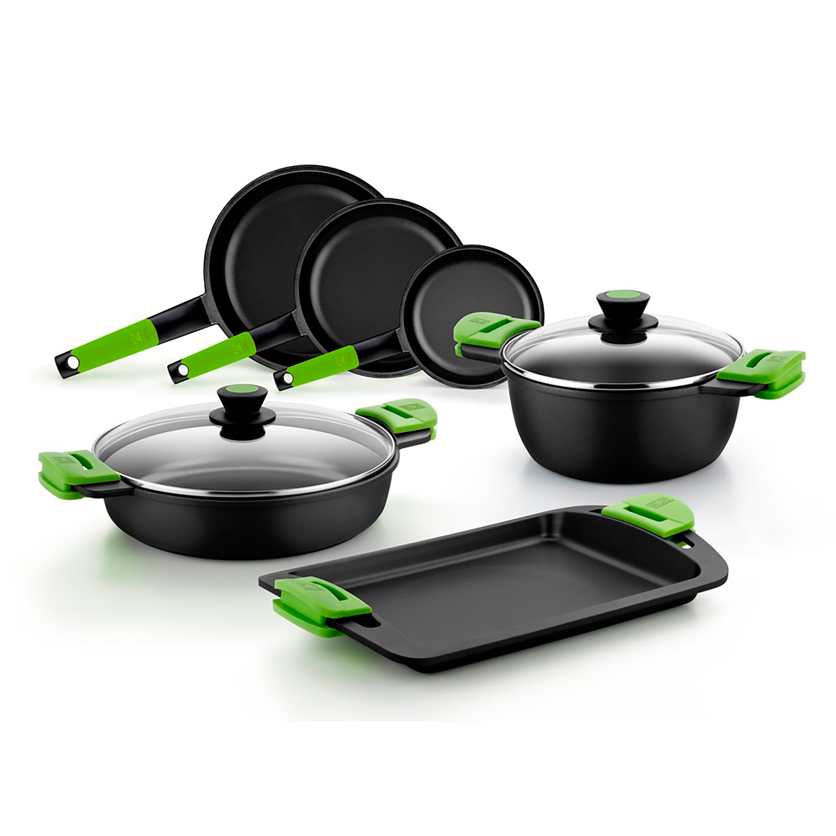 Varios utensilios de cocina negros con detalles verdes se muestran sobre fondo blanco.