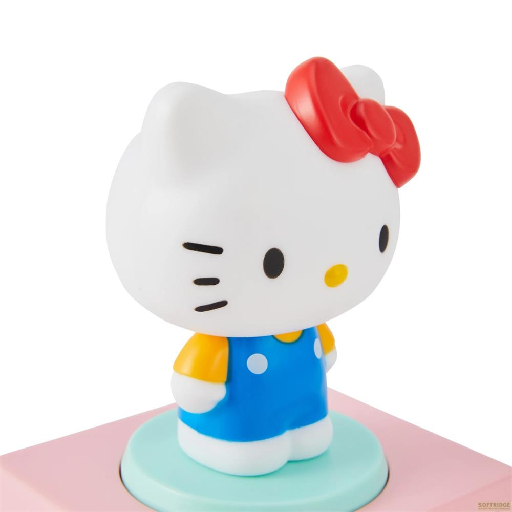 Figurka Hello Kitty z czerwoną kokardką, żółtą koszulą i niebieskimi ogrodniczkami.