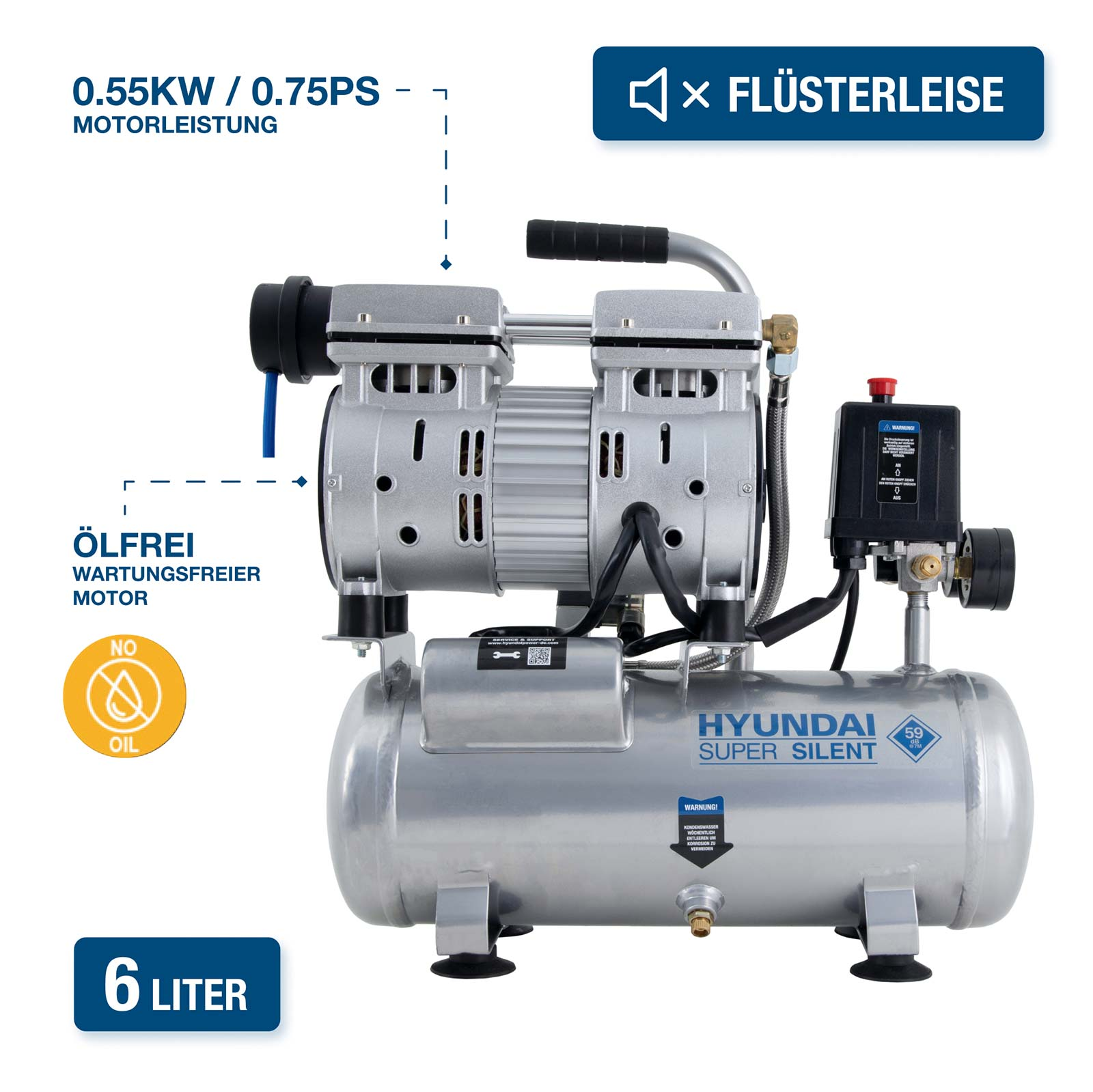 Ein ölfreier, leiser HYUNDAI Kompressor mit 6L Tank und 0,55KW Motorleistung.