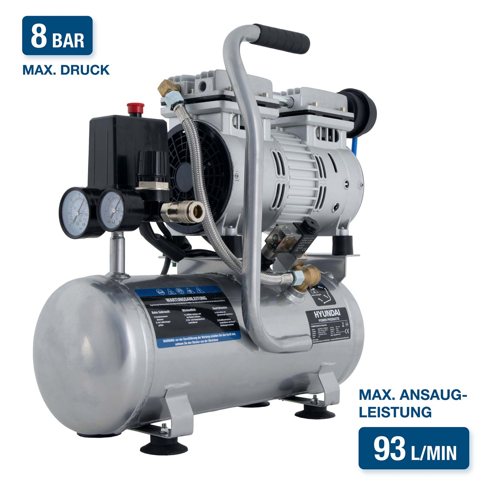 Ein silberner Hyundai Kompressor mit 8 Bar maximalem Druck und 93 L/Min Ansaugleistung.