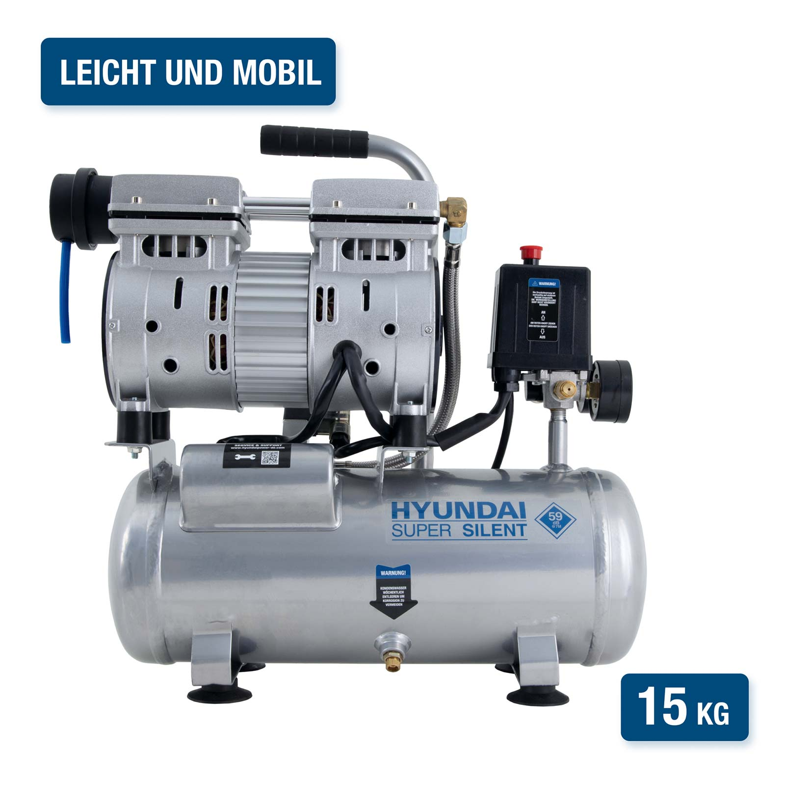 Ein silberner HYUNDAI SUPER SILENT Kompressor mit 15 kg Gewicht.