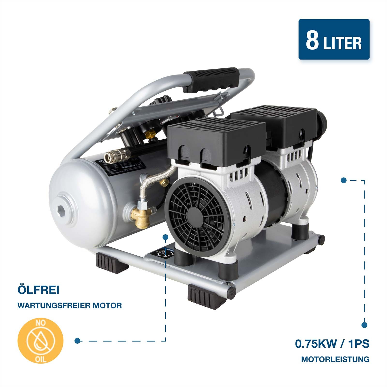 Ein ölfreier 8-Liter-Kompressor mit 0,75KW/1PS Motorleistung.