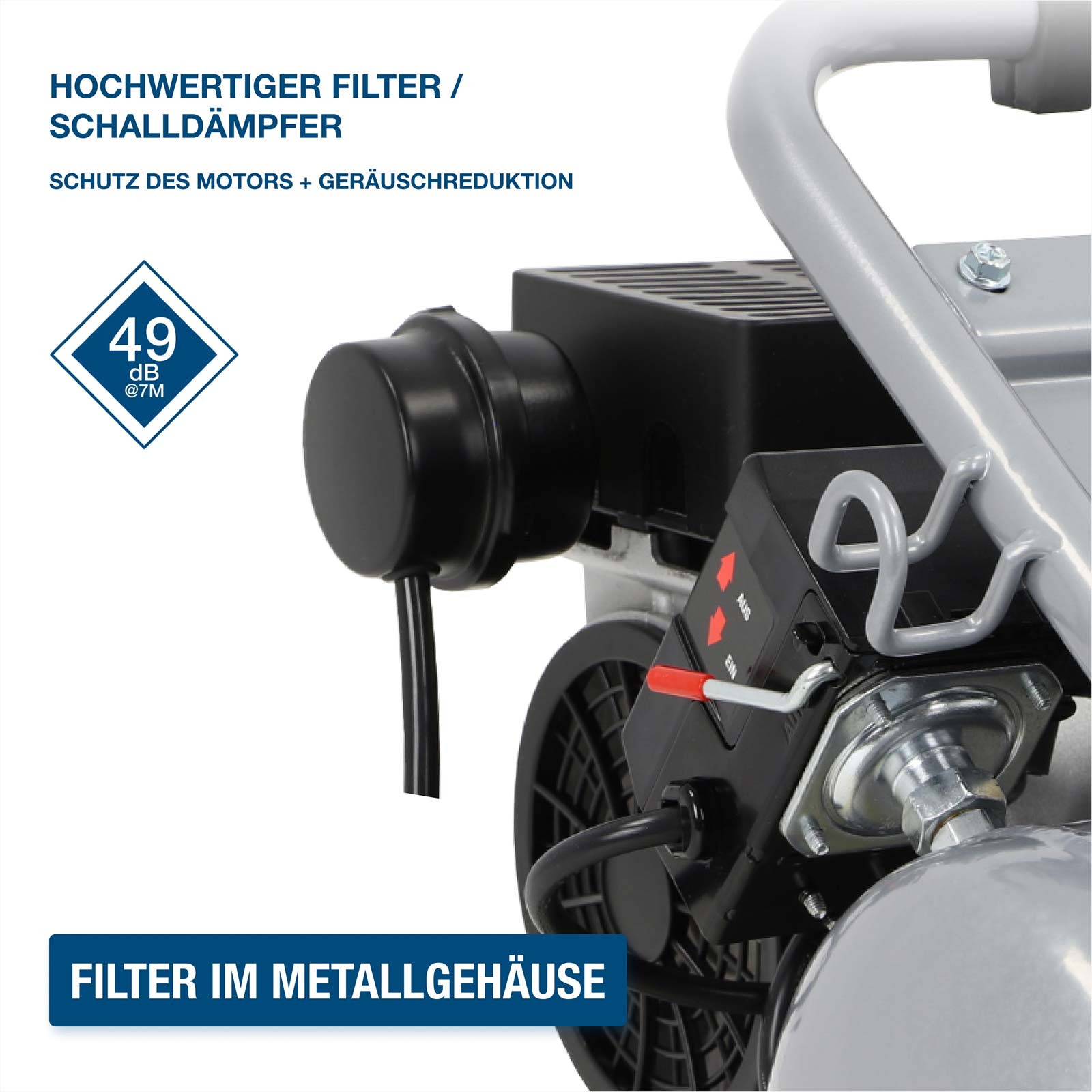 Hochwertiger Schalldämpferfilter mit 49 dB bei 7m. Filter im Metallgehäuse.