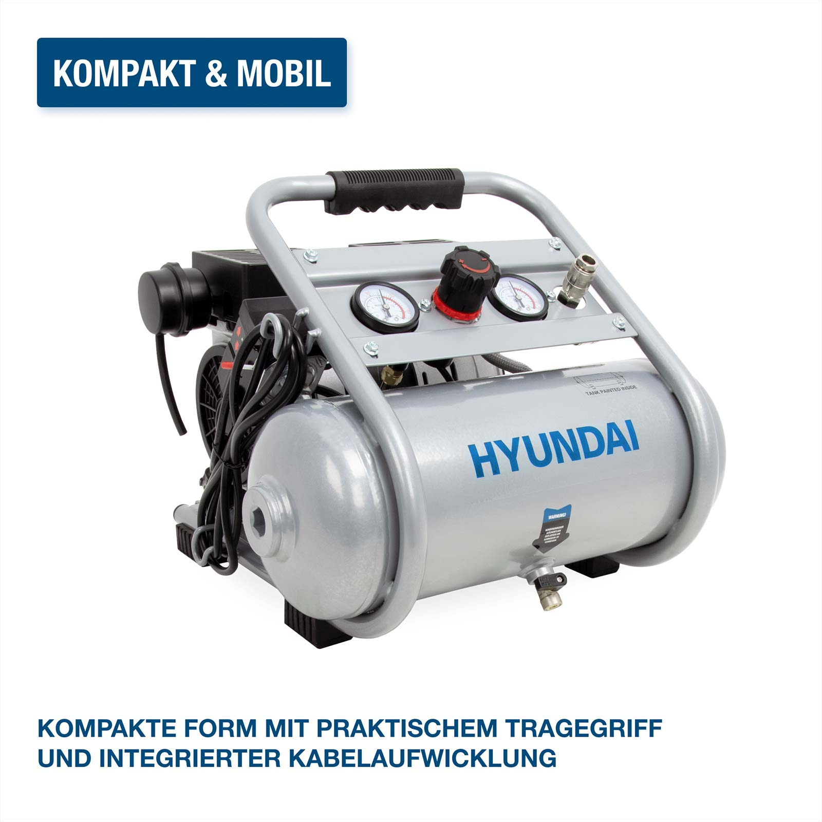 Ein silberner Hyundai-Kompressor mit Griff, Manometern und Kabelaufwicklung.