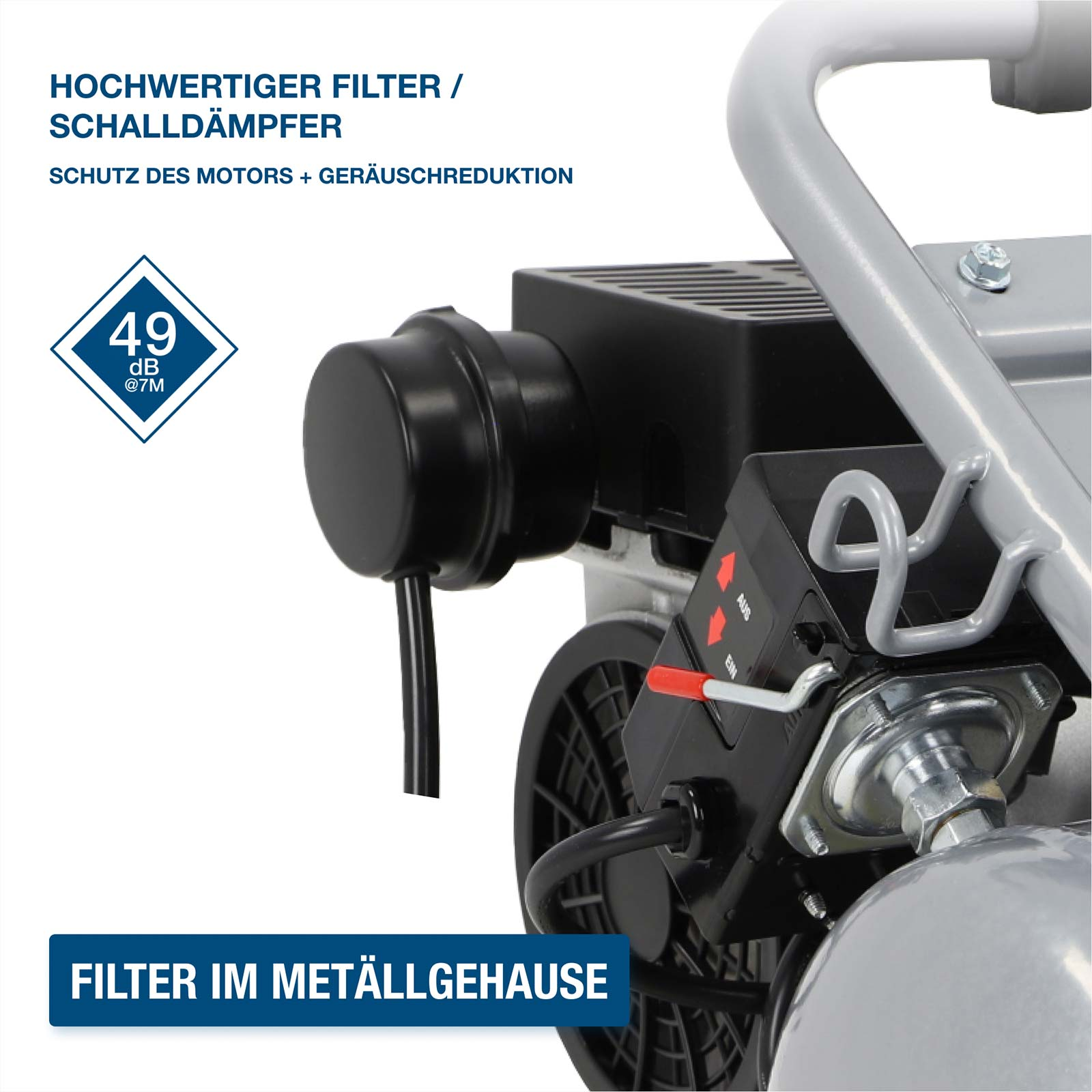 Hochwertiger Schalldämpfer mit 49 dB bei 7M. Filter im Metallgehäuse.