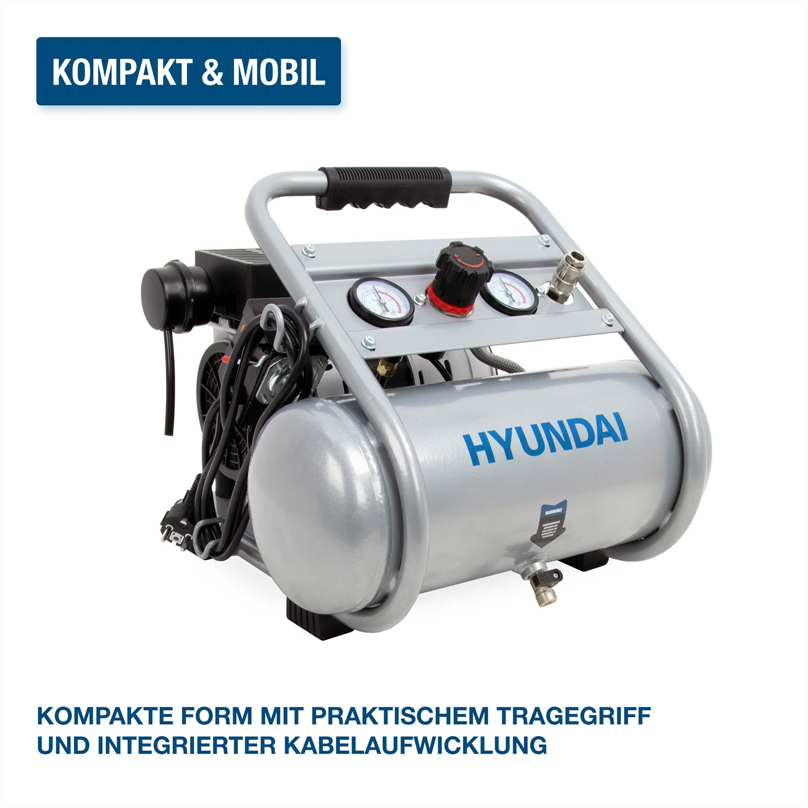 Ein silberner Hyundai Kompressor mit zwei Manometern und einem Tragegriff.