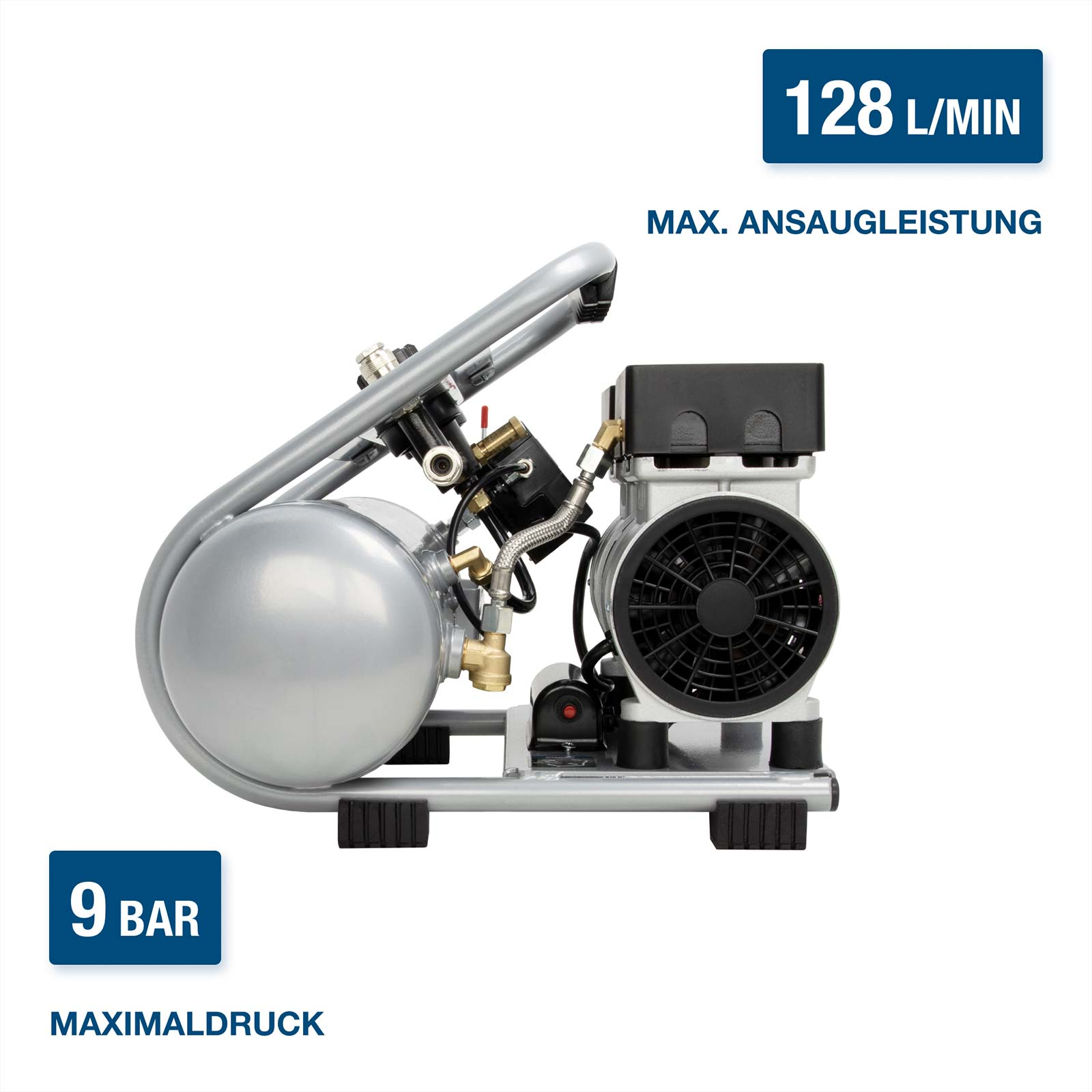 Ein silberner Kompressor mit schwarzem Motor und Lüfter. 128 L/MIN Ansaugleistung.