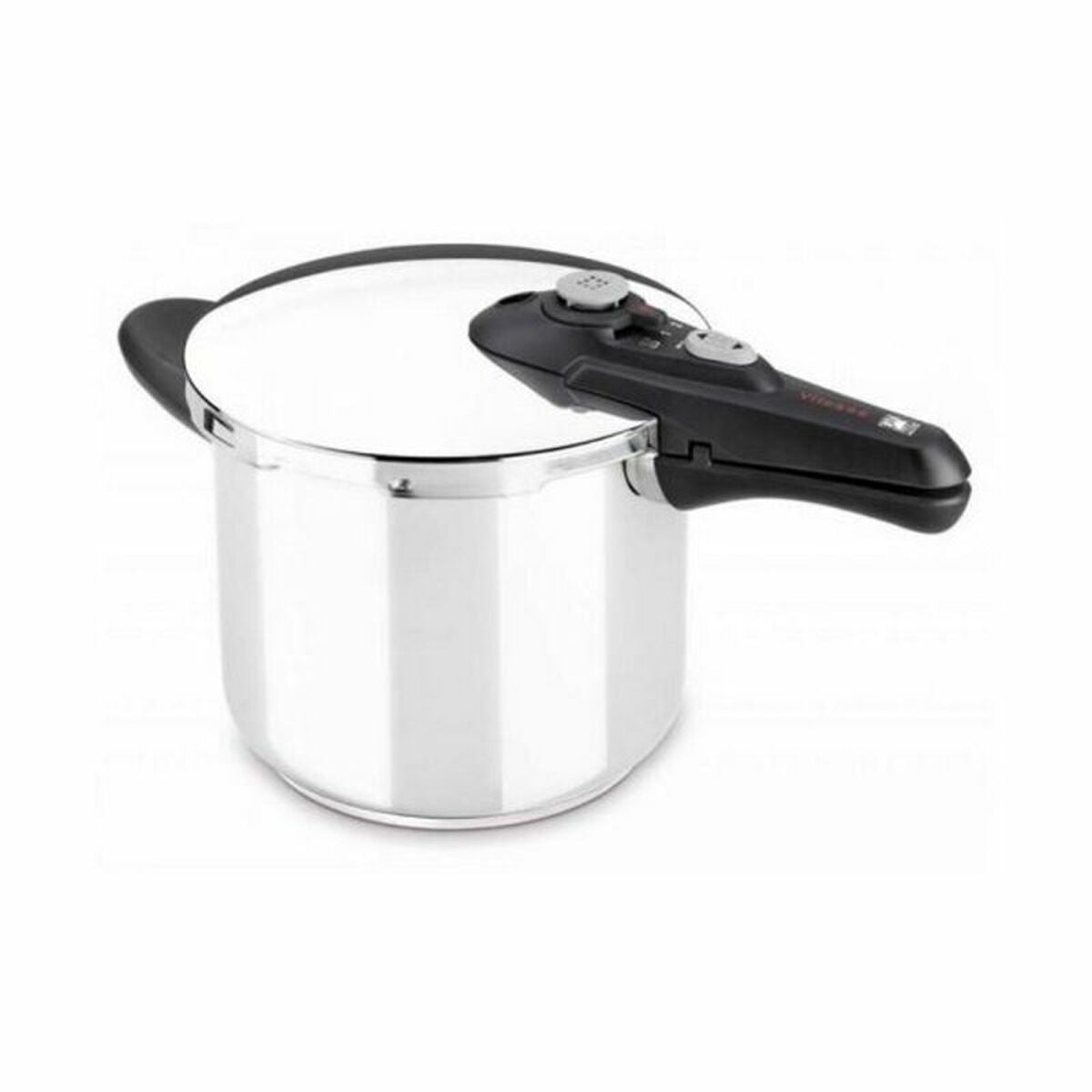 Una olla a presión plateada con asa negra y botones de control.