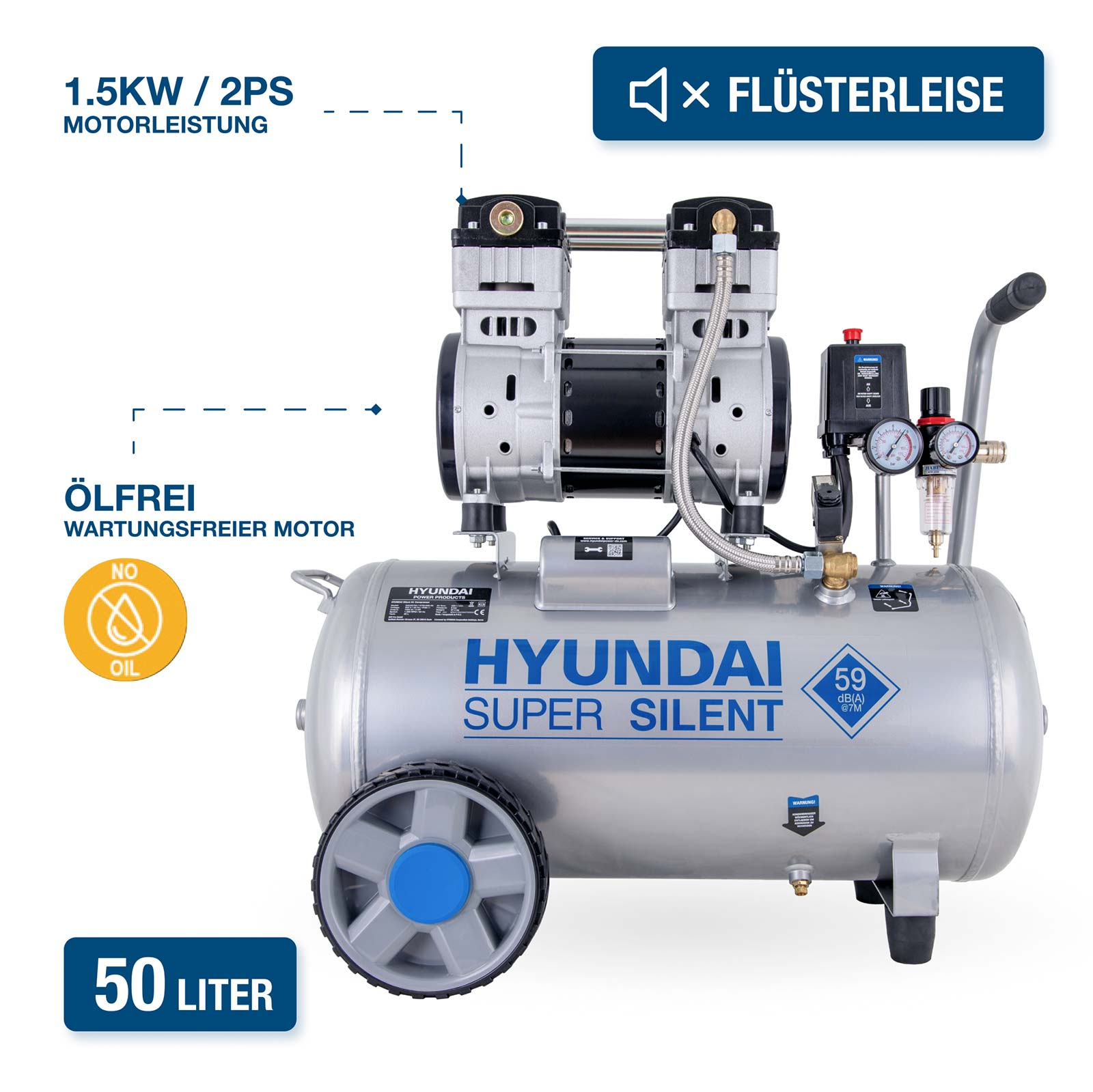 Ein ölfreier Hyundai Super Silent Kompressor mit 50L Tank und 1.5KW Motor.