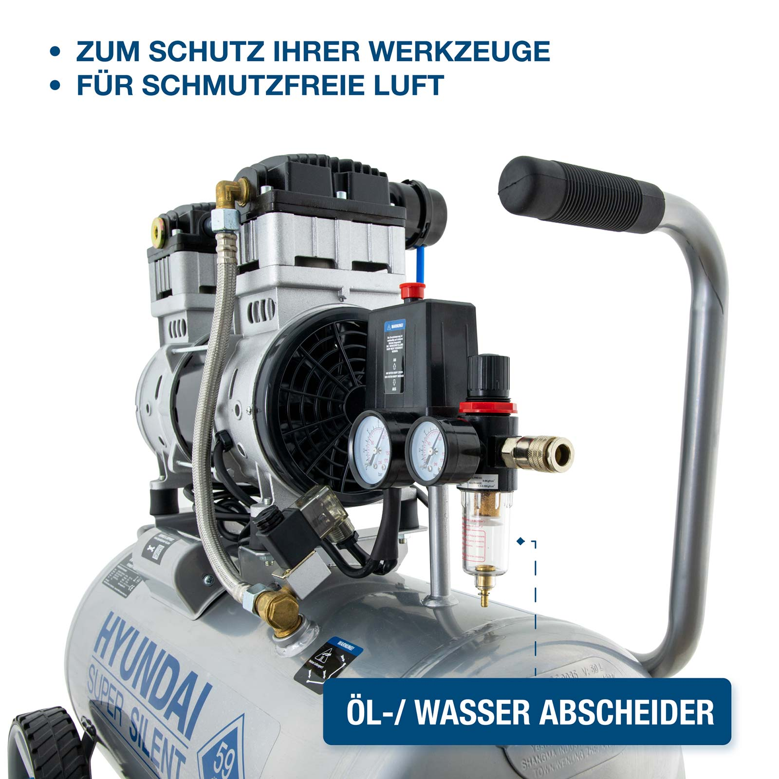 Ein silberner Hyundai Kompressor mit zwei Manometern und einem Öl-/Wasserabscheider.