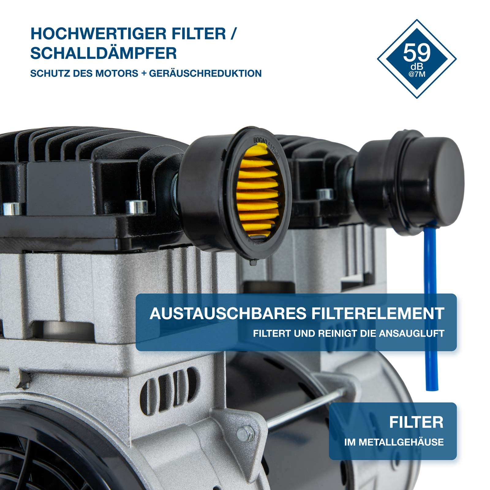 Ein hochwertiger Luftfilter mit gelbem Element und blauem Stiel.