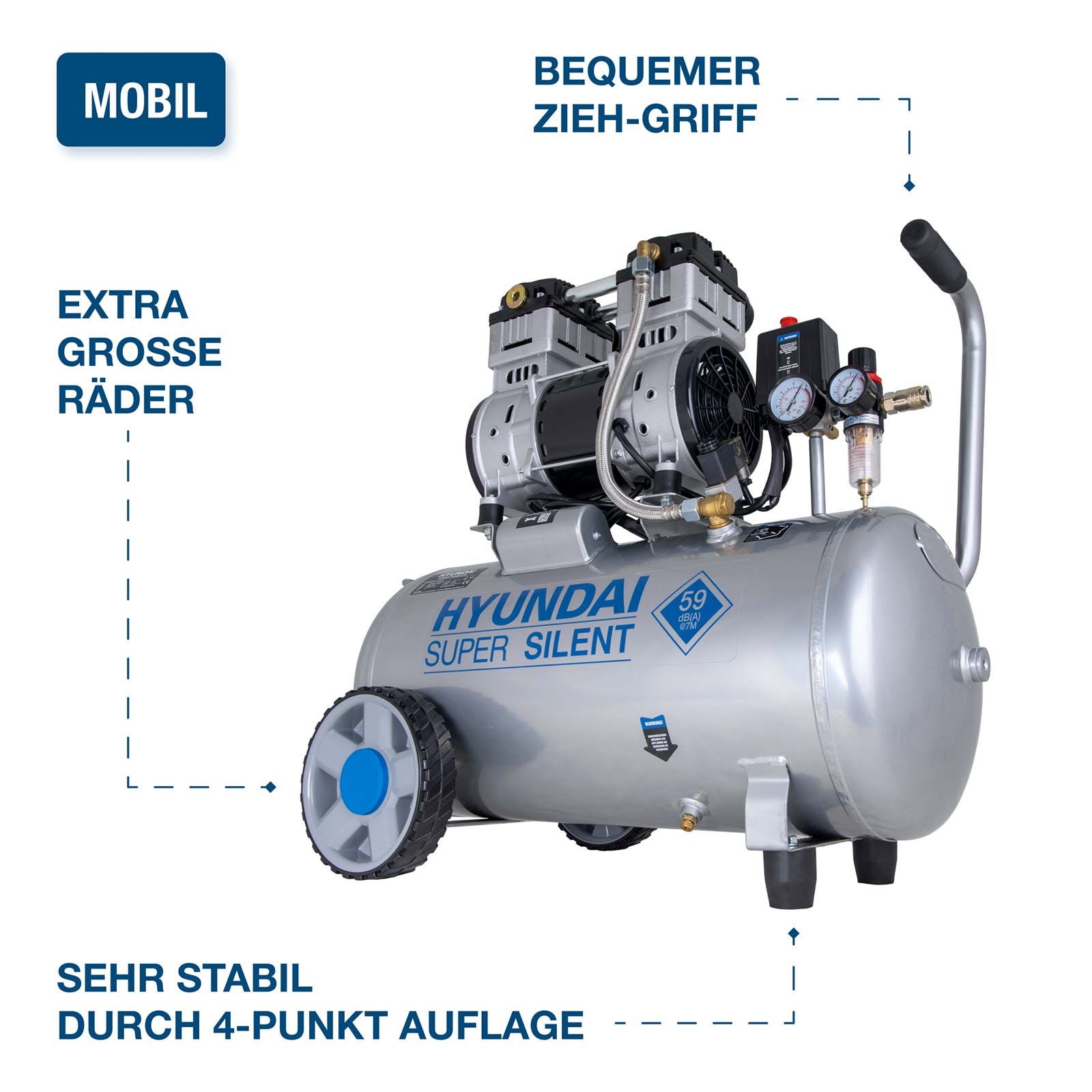 Silberner HYUNDAI SUPER SILENT Kompressor mit zwei Rädern und Griff.