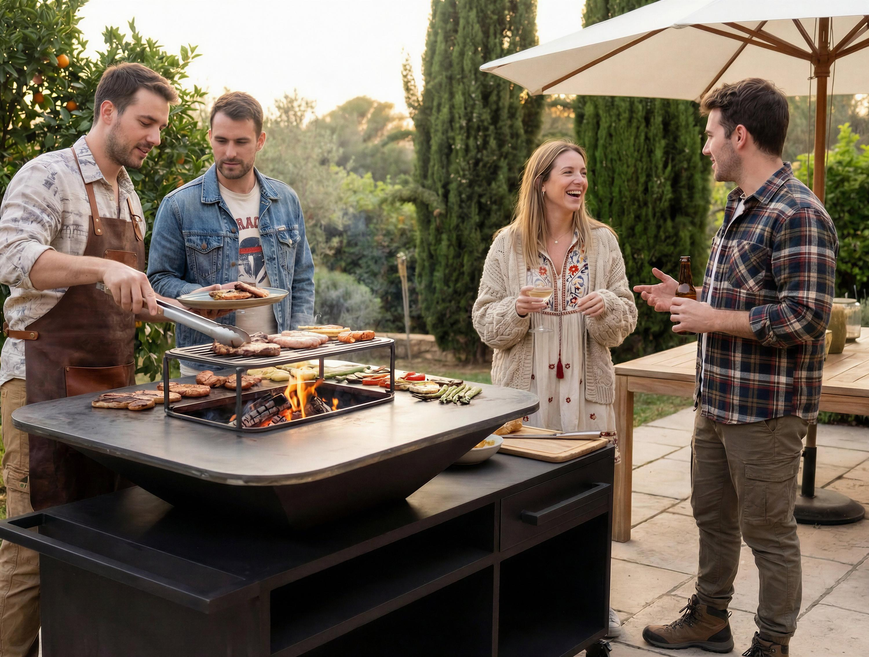 Vier Personen grillen im Freien. Fleisch und Spargel liegen auf dem Grill.