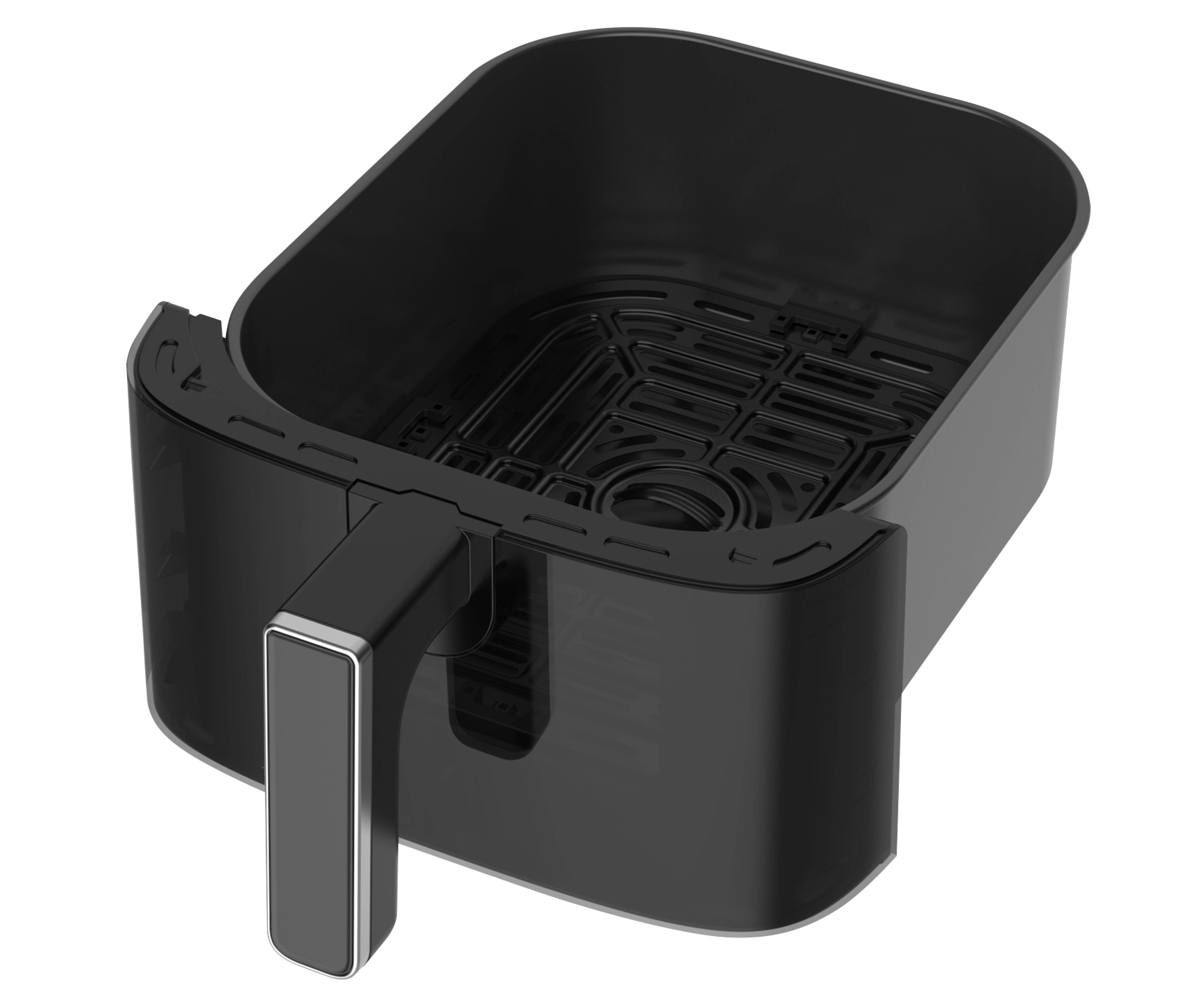 Ein schwarzer Airfryer-Korb mit Griff, aus Kunststoff, mit einem Gittereinsatz.