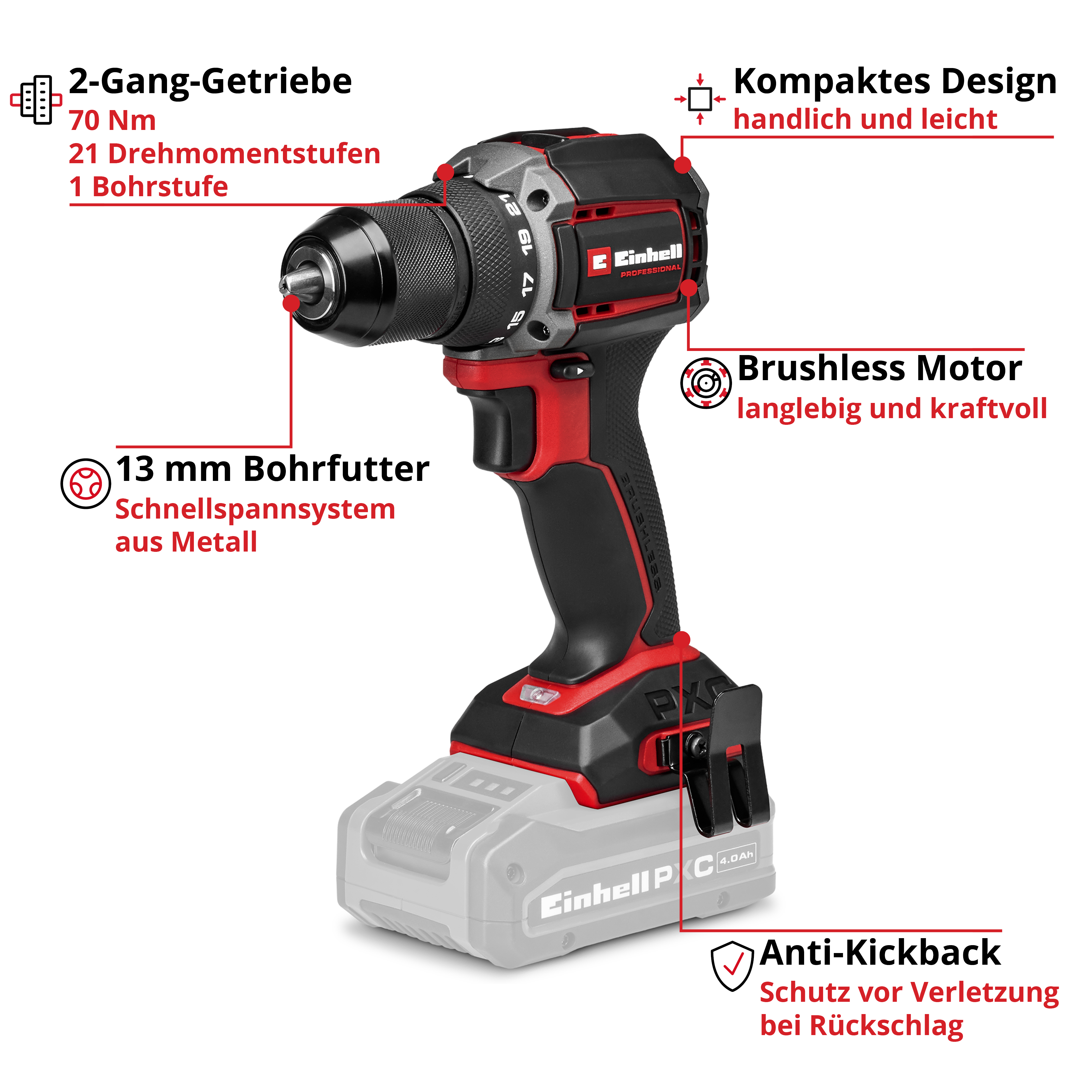 Einhell Akku-Bohrschrauber mit 2 Gängen, 70 Nm, 13mm Bohrfutter, bürstenlosem Motor.