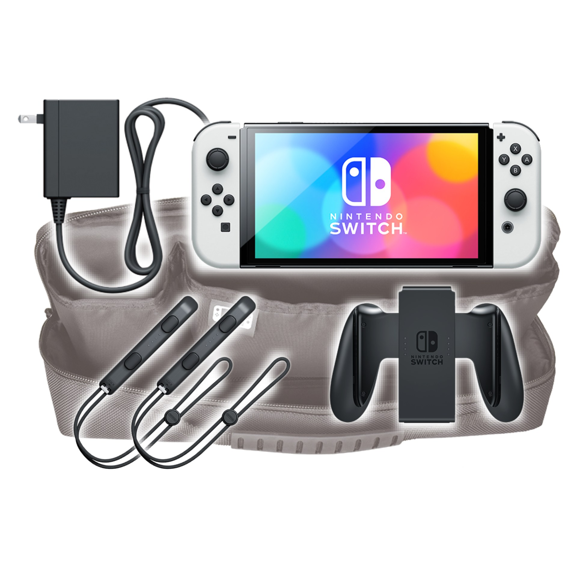 Biała konsola Nintendo Switch z ładowarką, torbą, paskami Joy-Con i uchwytem.