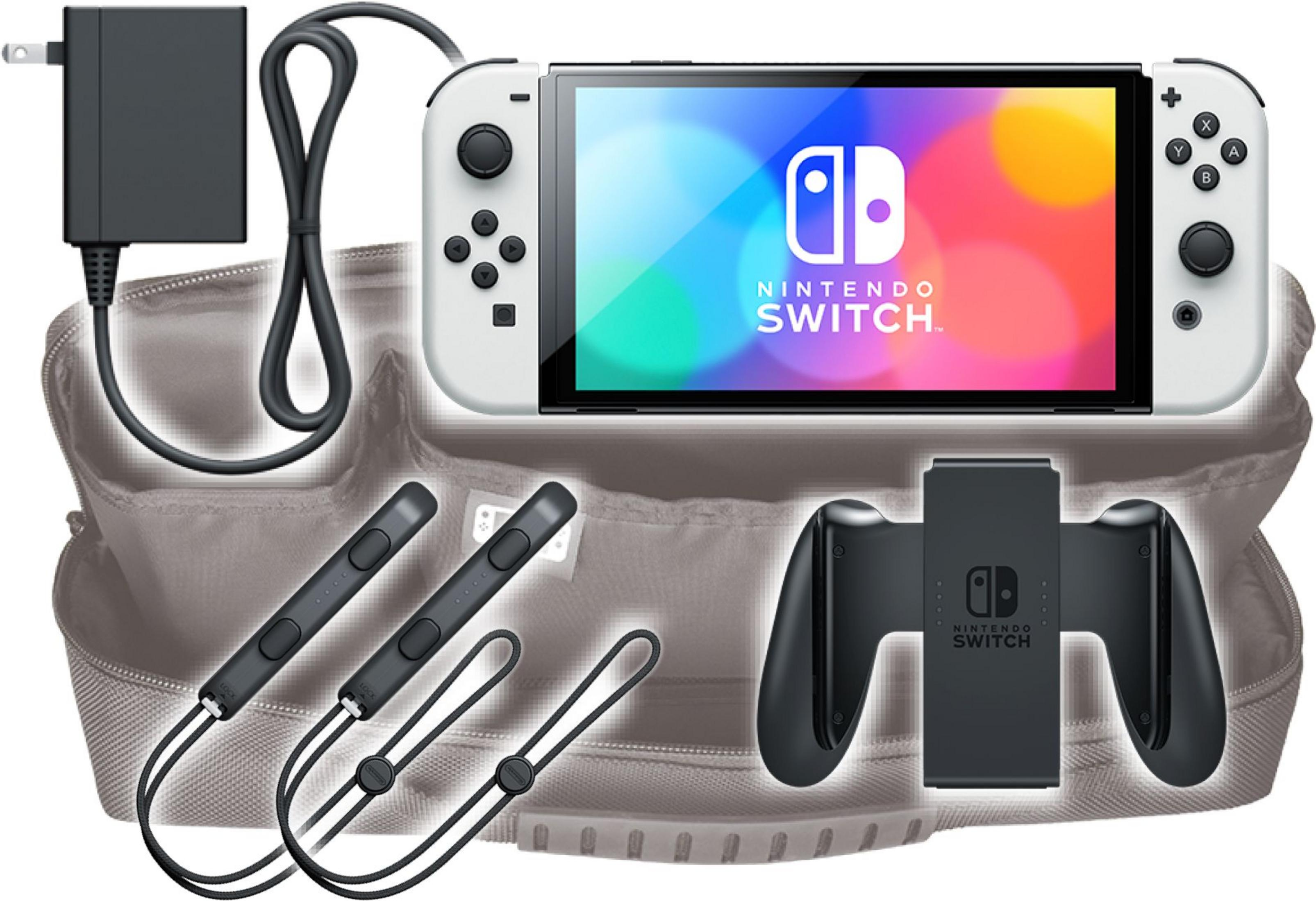 Konsola Nintendo Switch z akcesoriami, w tym zasilaczem, Joy-Conami i torbą.