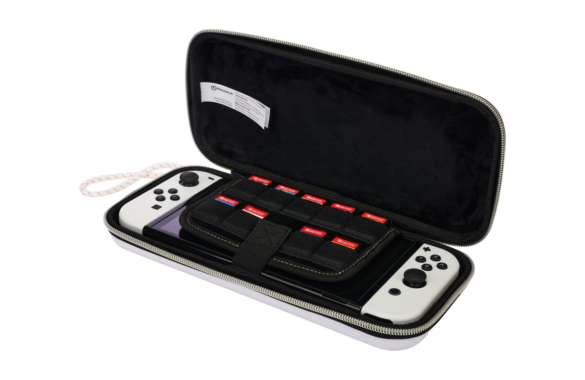 Białe etui Nintendo Switch z otwartą pokrywą, przechowujące konsolę, Joy-Cons i gry.