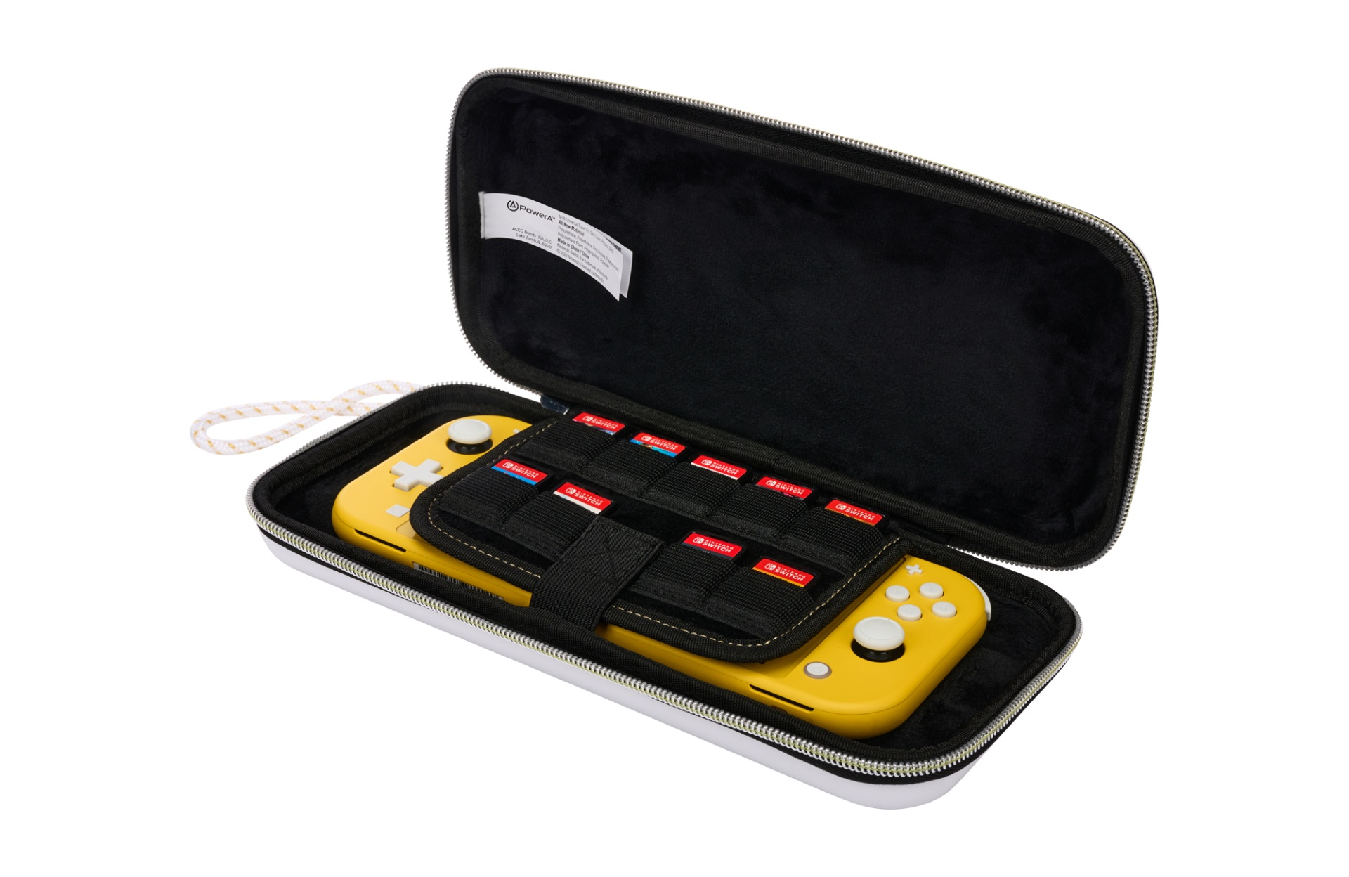 Żółty Nintendo Switch Lite w białym etui z miejscami na karty.