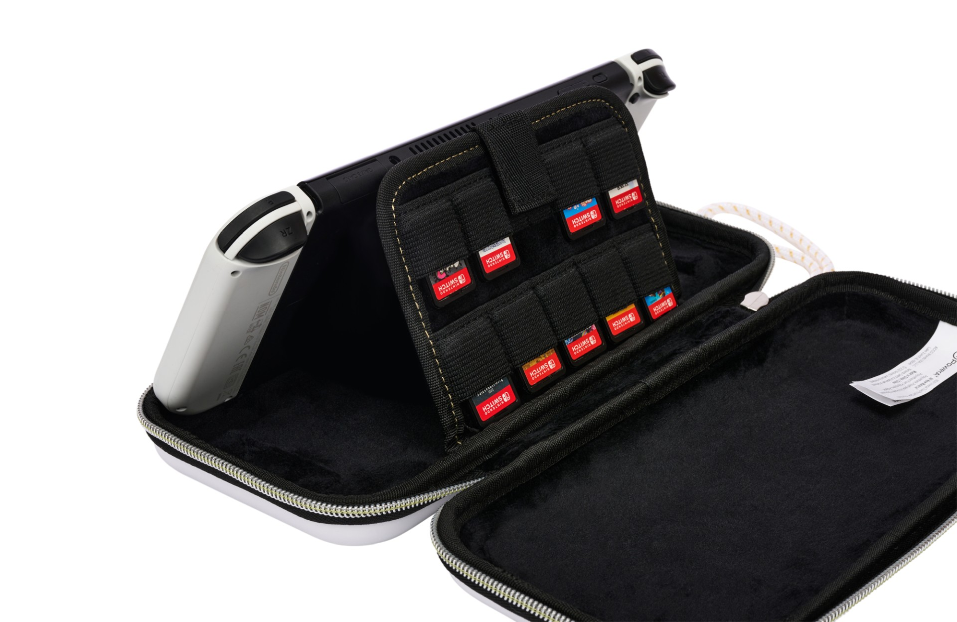 Konsola Nintendo Switch z uchwytem na karty do gry w otwartym etui.