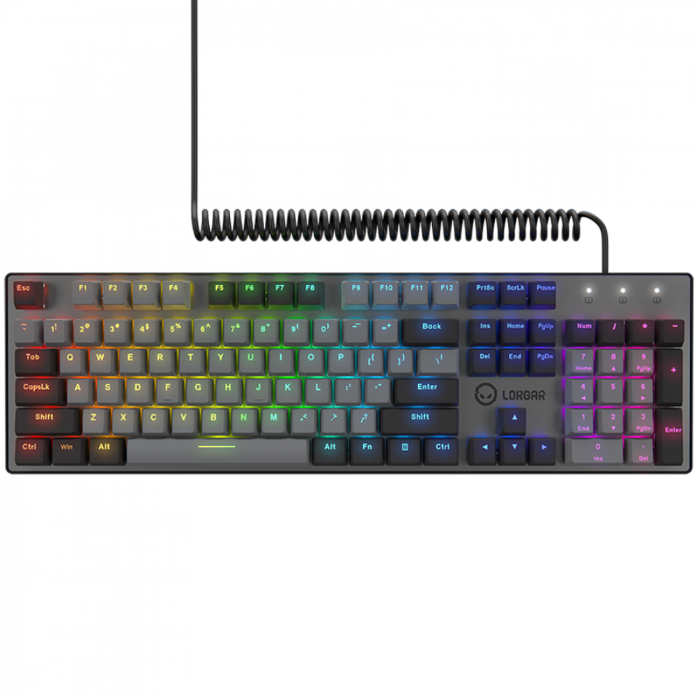 Szara klawiatura mechaniczna z oświetleniem RGB i spiralnym kablem.