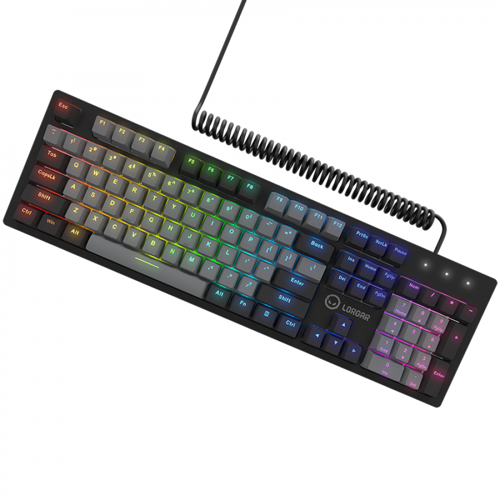 Czarna klawiatura mechaniczna Lorgar z podświetleniem RGB jest pokazana na czarnym tle.