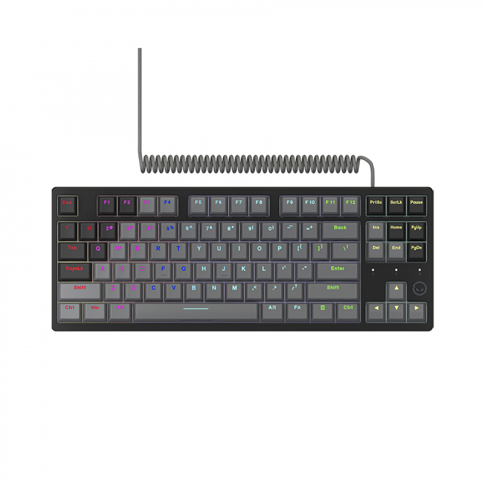 Szary, zwinięty kabel łączy się z kompaktową, ciemnoszarą klawiaturą mechaniczną z podświetleniem RGB.