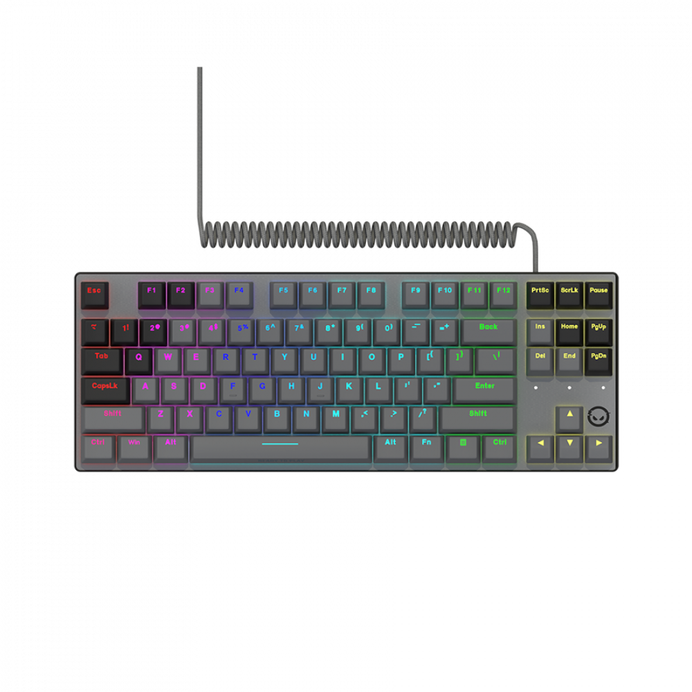 Szara klawiatura mechaniczna z podświetleniem RGB i spiralnym kablem.