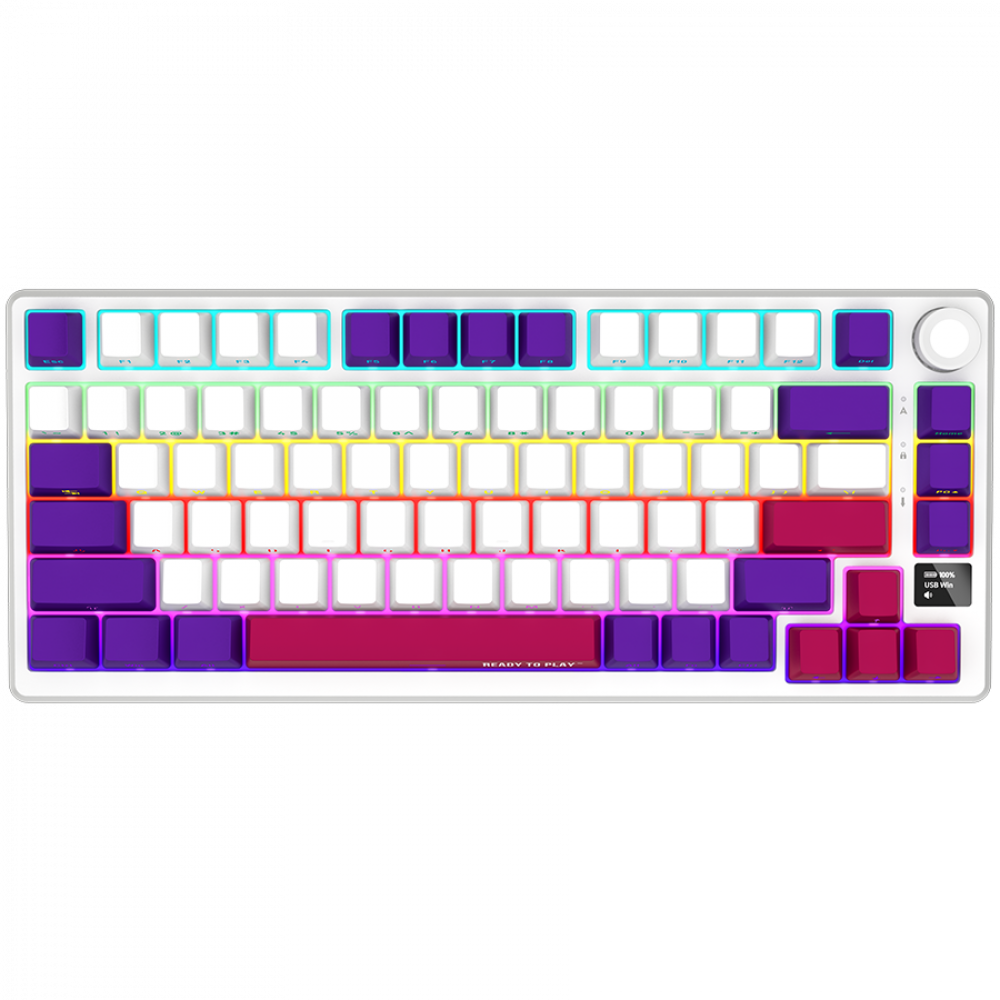 Biała klawiatura z kolorowymi klawiszami i podświetleniem RGB.