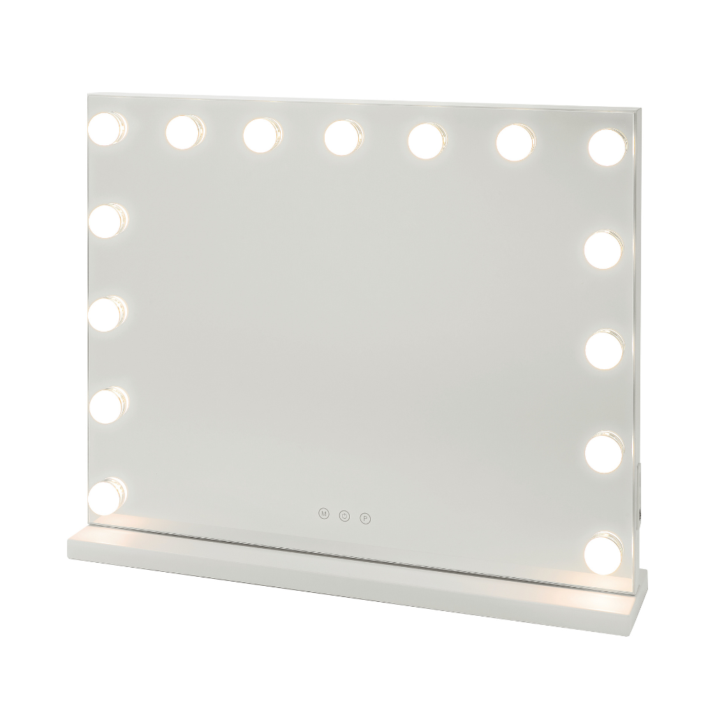 A rectangular vanity mirror with lights on a white base.