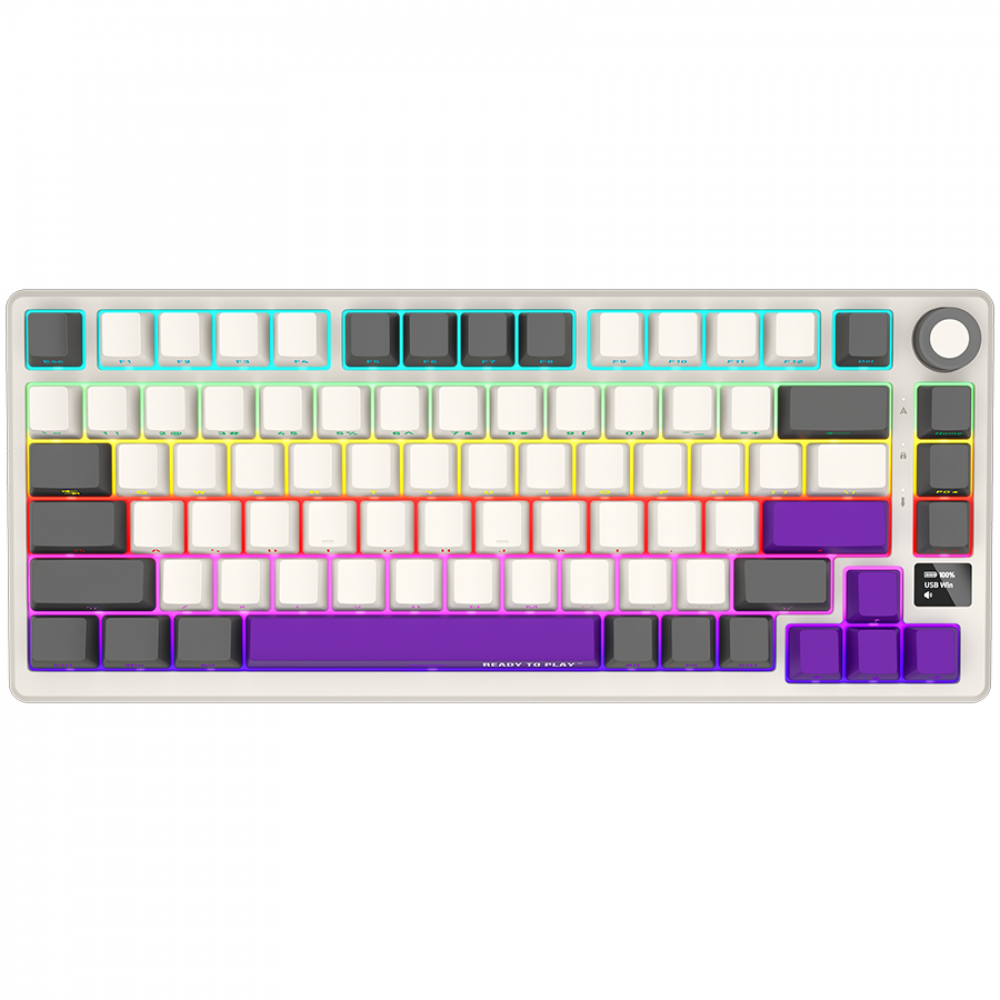 Biała klawiatura mechaniczna z kolorowym podświetleniem RGB i szarymi, białymi i fioletowymi klawiszami.