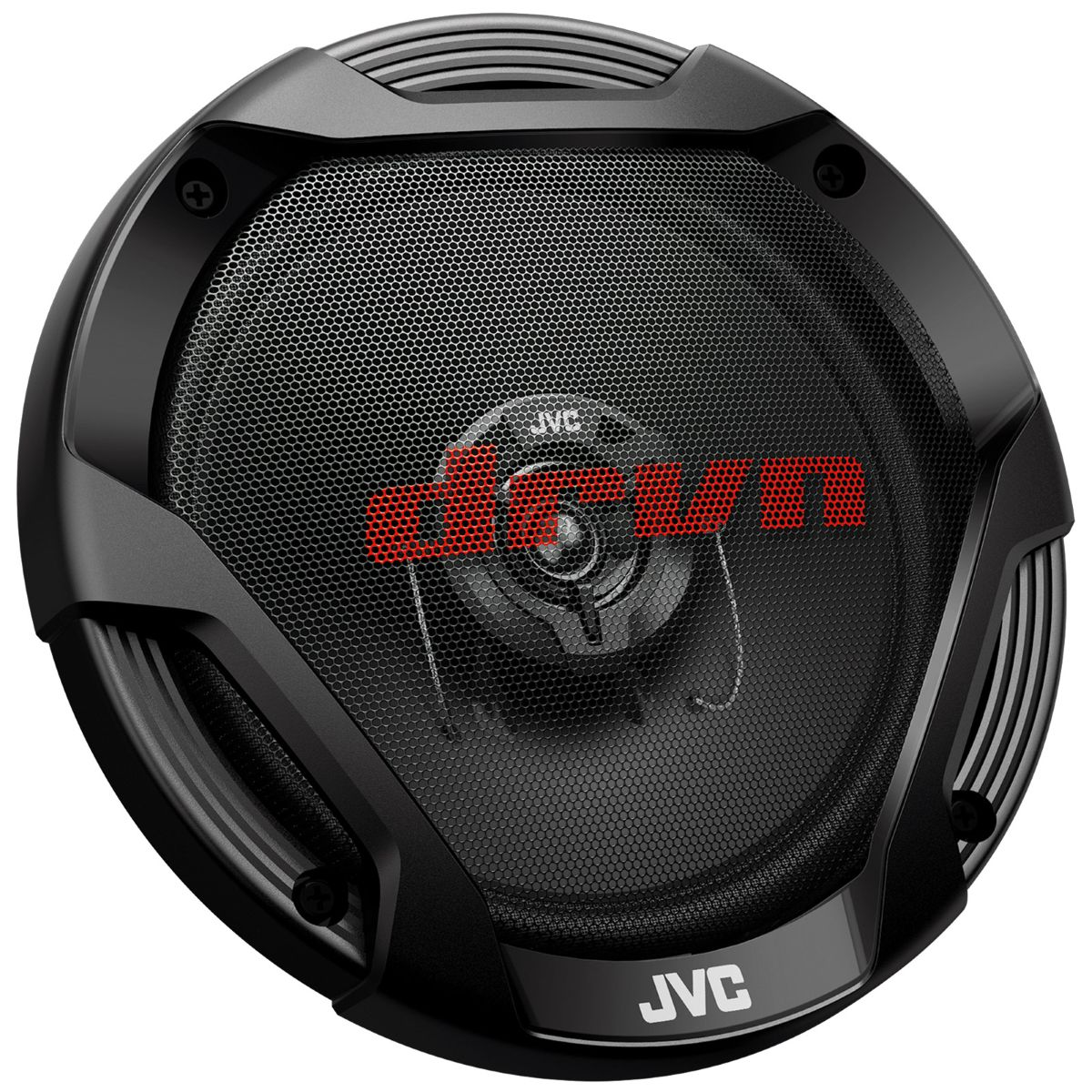 Schwarzer JVC Auto-Lautsprecher mit rotem Schriftzug und Gitter.