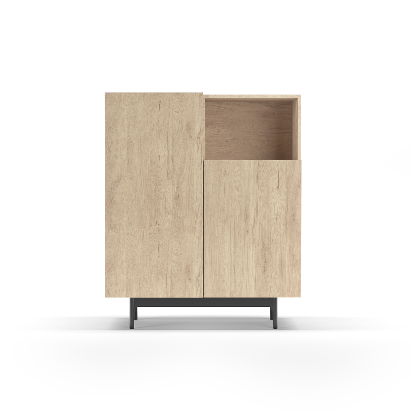 Un mueble de madera clara con dos puertas y un compartimento abierto, sobre patas negras.