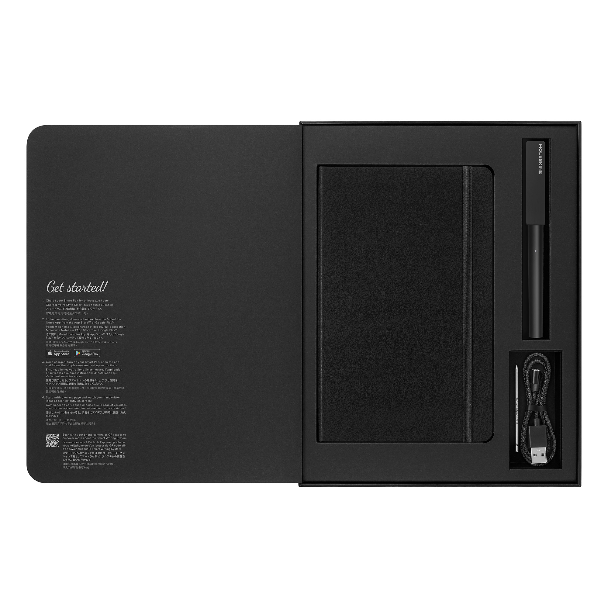Set taccuino Moleskine nero con penna e cavo di ricarica.