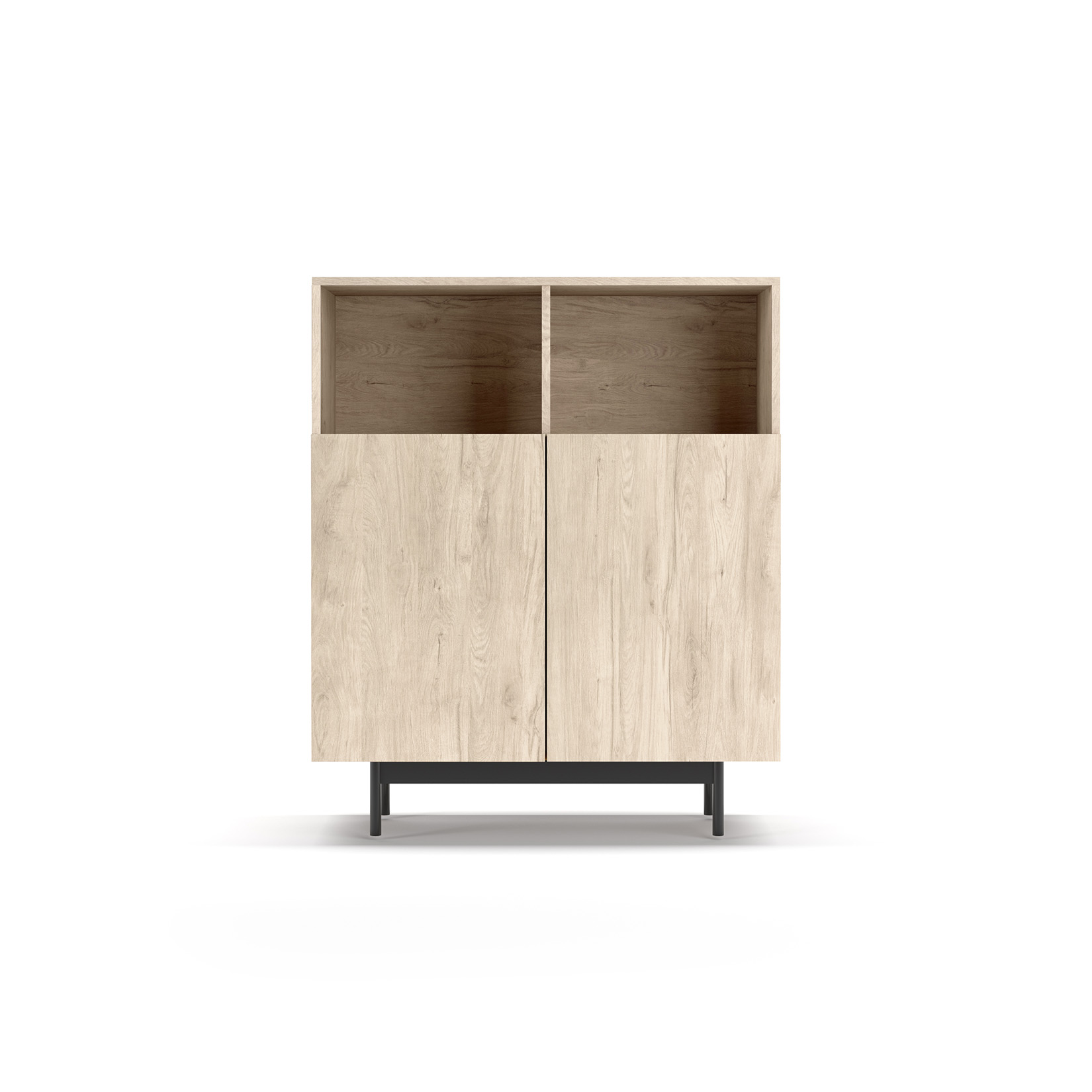 Un mueble de madera clara con dos puertas y dos compartimentos abiertos arriba, sobre patas negras.