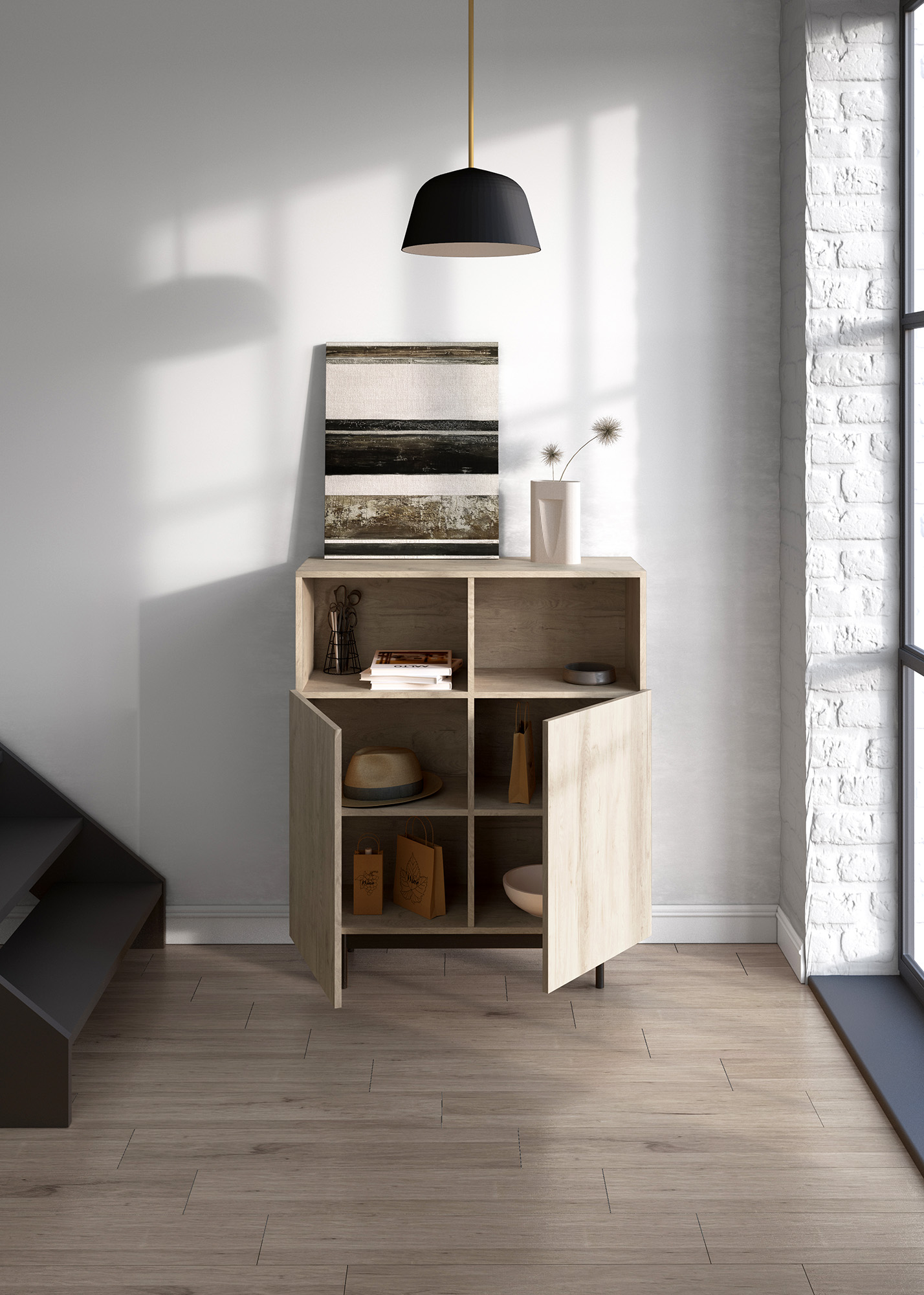 Un armario de madera con puertas abiertas, decorado con arte y un sombrero.