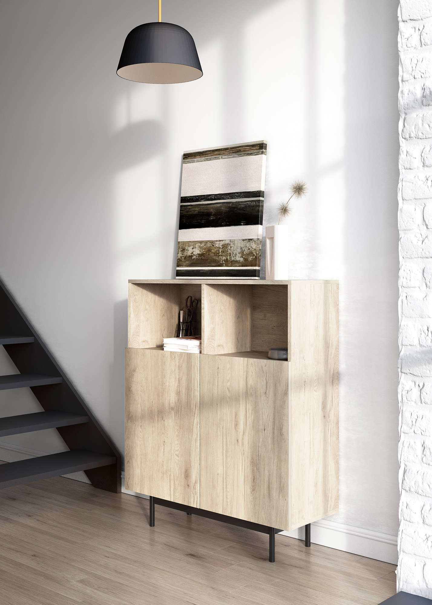 Gabinete de madera con obra de arte y escaleras.