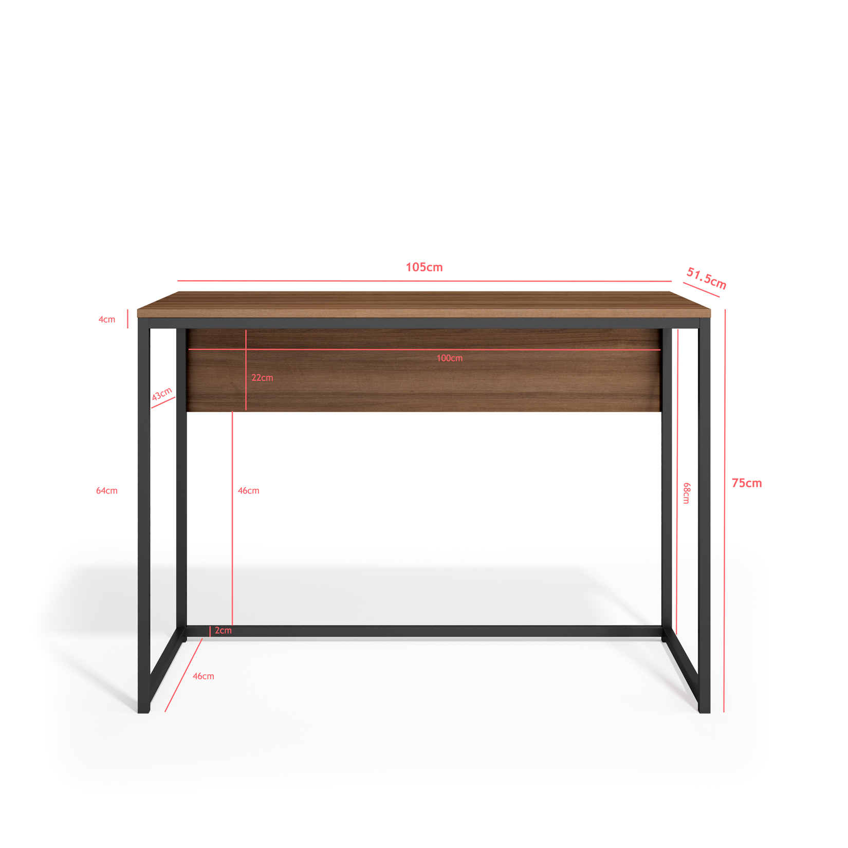 Un tablero de escritorio de madera sobre patas de metal negro con dimensiones de cajón.