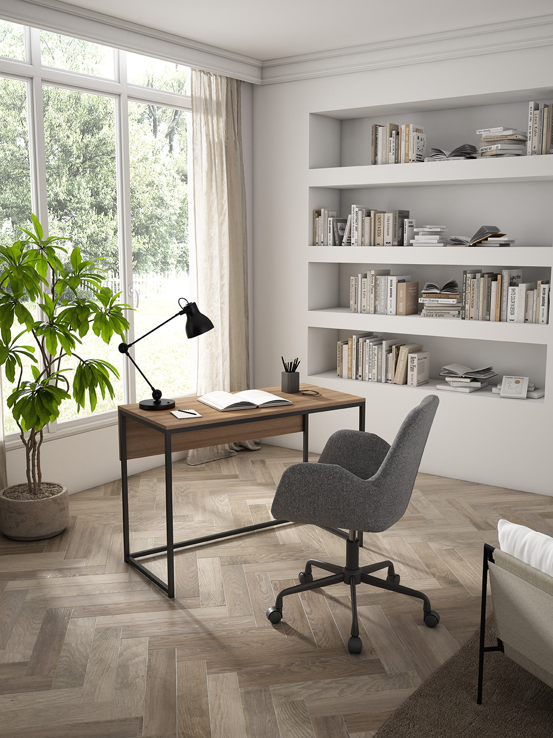 Un escritorio con silla, estantería y planta en una habitación luminosa.