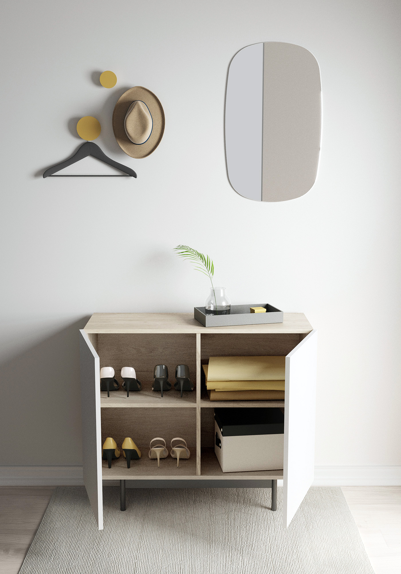 Pasillo con zapatero, sombrero, percha y espejo. Zapatos dentro del mueble.