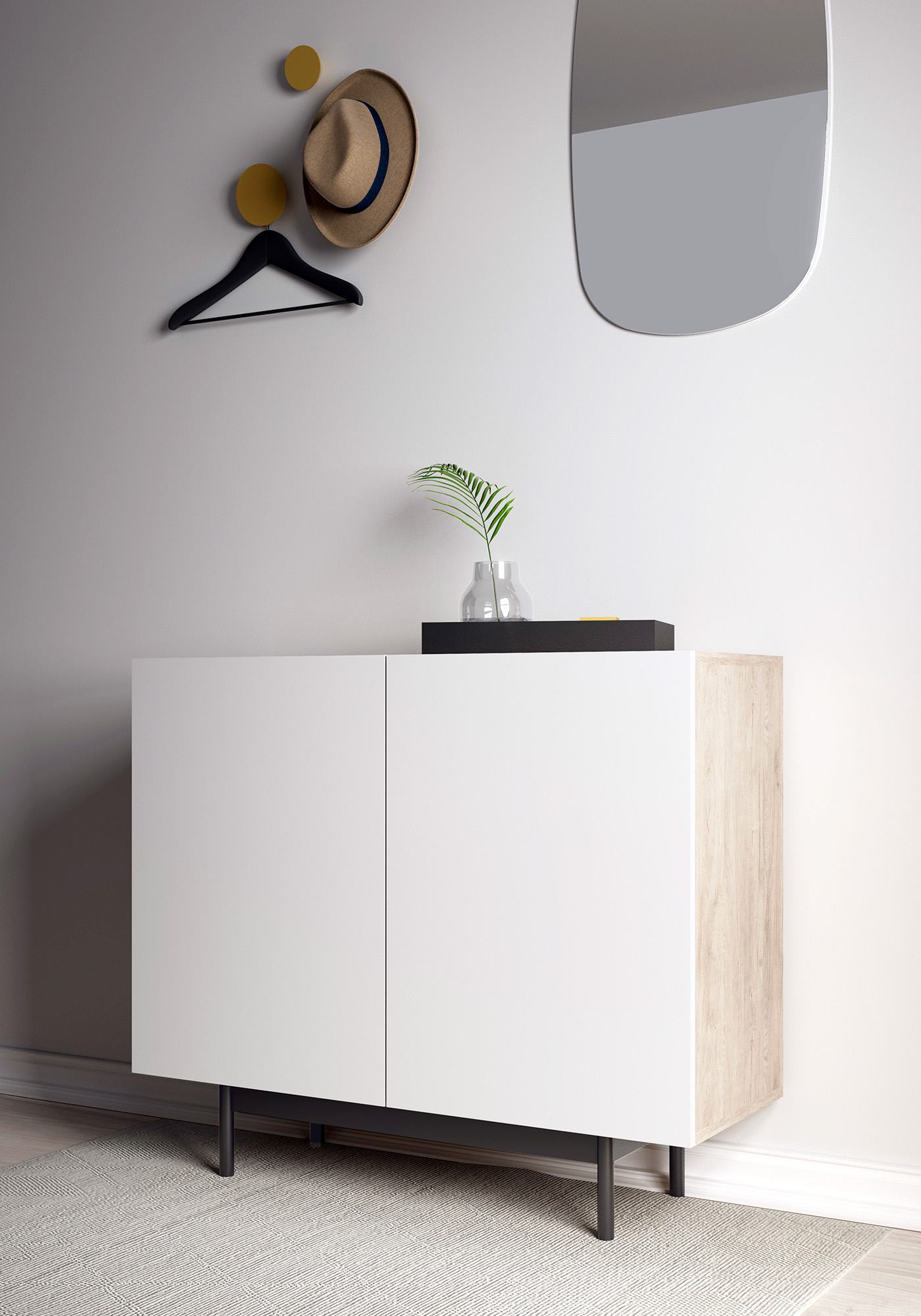 Gabinete blanco con lateral de madera, sombrero, percha, espejo y planta.
