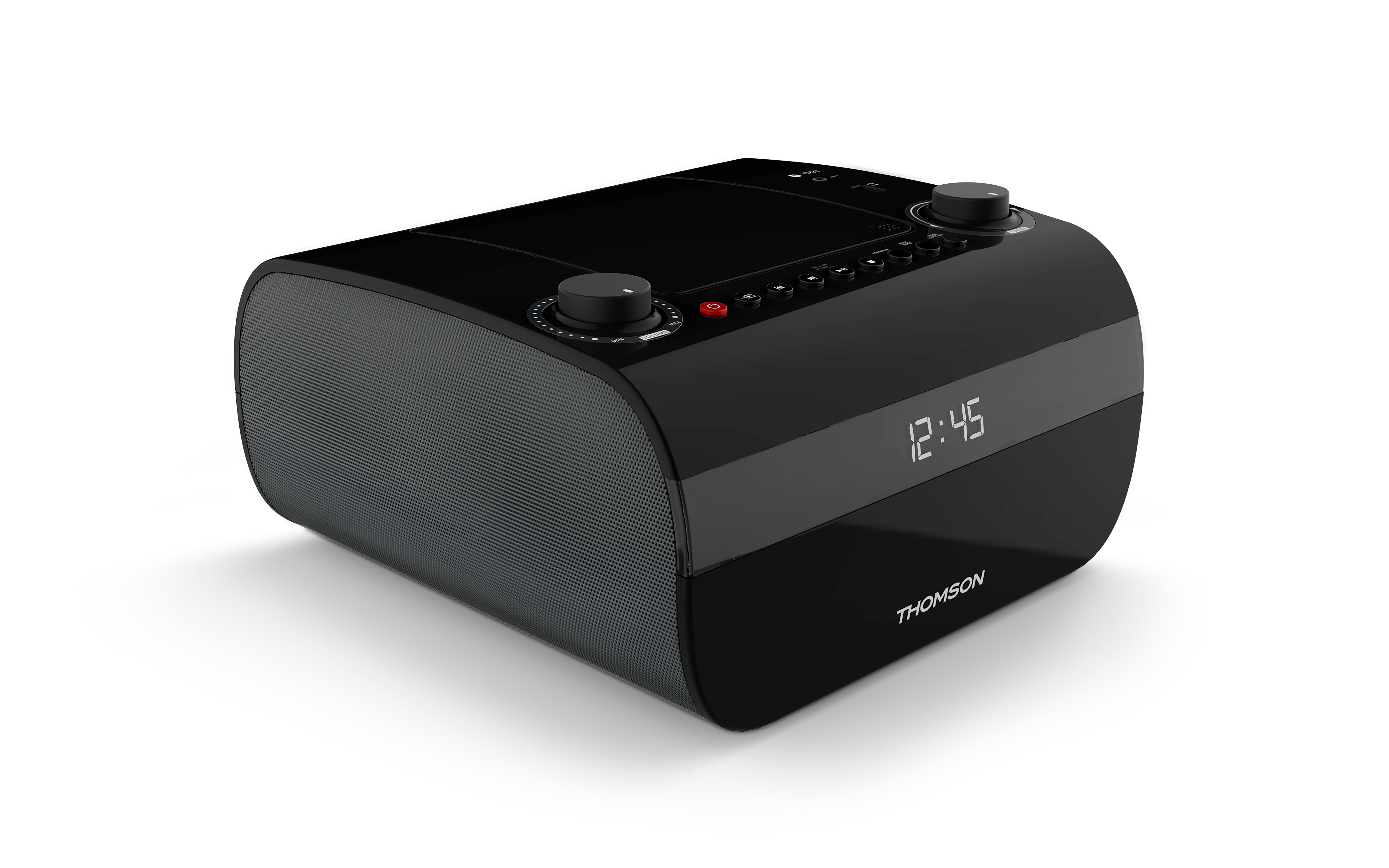 Ein schwarzer Thomson Radiowecker mit digitalen Ziffern und Knöpfen.