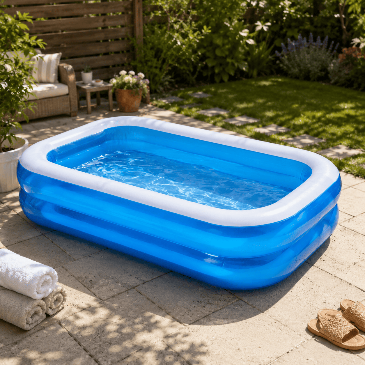 Een opblaasbaar zwembad met blauwe en witte zijkanten staat op een terras.