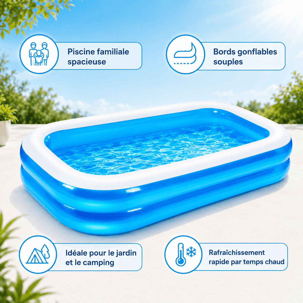 Opblaasbaar familiezwembad met zachte randen, ideaal voor tuin en camping.