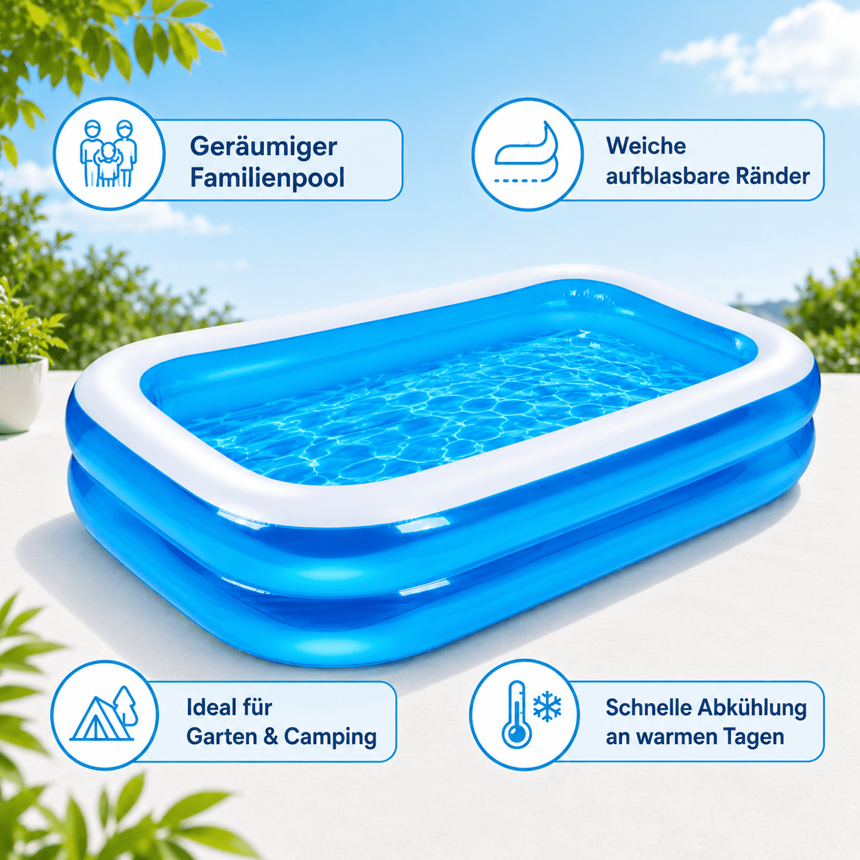 Opblaasbaar familiezwembad met blauwe en witte randen, gevuld met water.