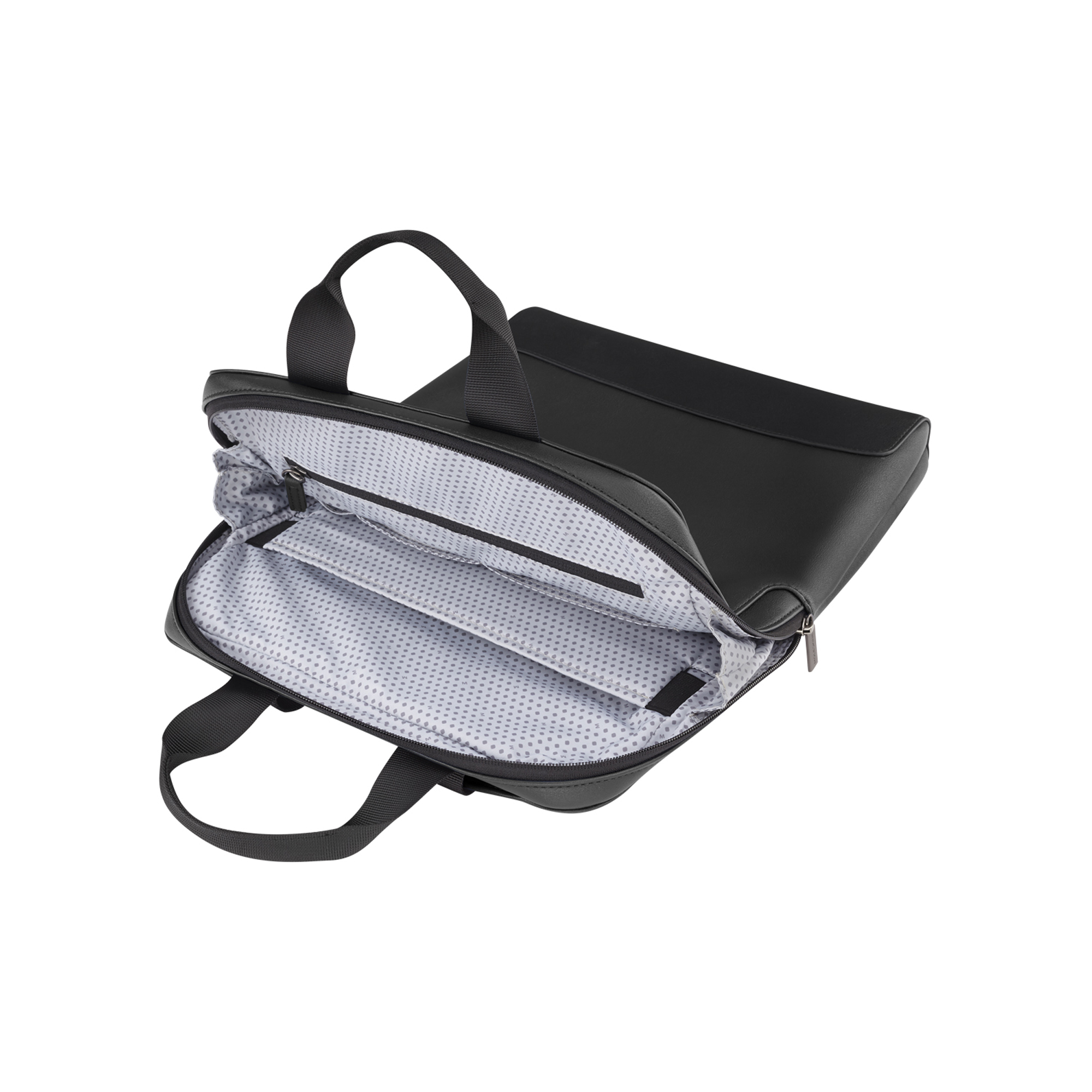 Borsa nera per laptop con manici, aperta mostra scomparti e cerniera.