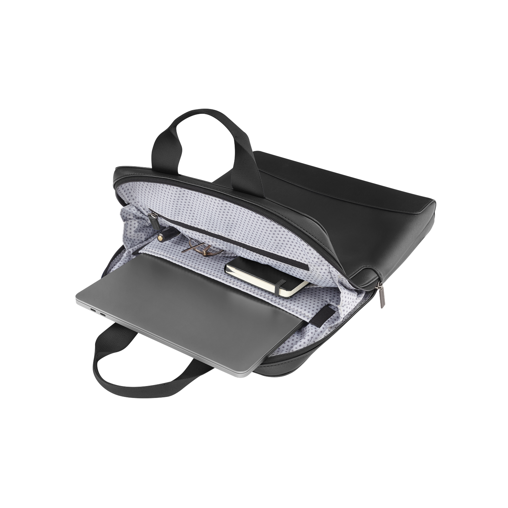 Borsa nera per laptop con laptop, taccuino e occhiali.