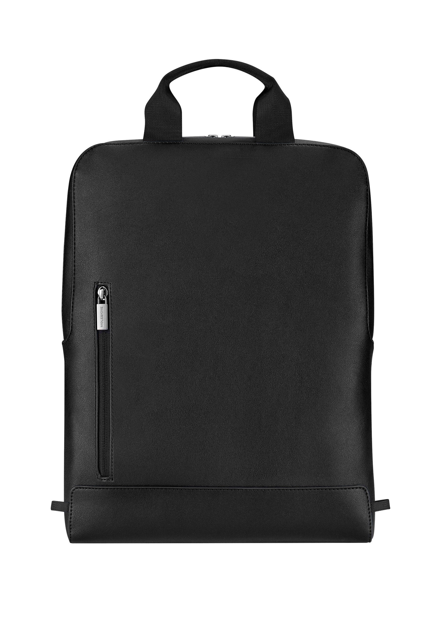 Zaino nero in pelle con tasca con zip e manici superiori.