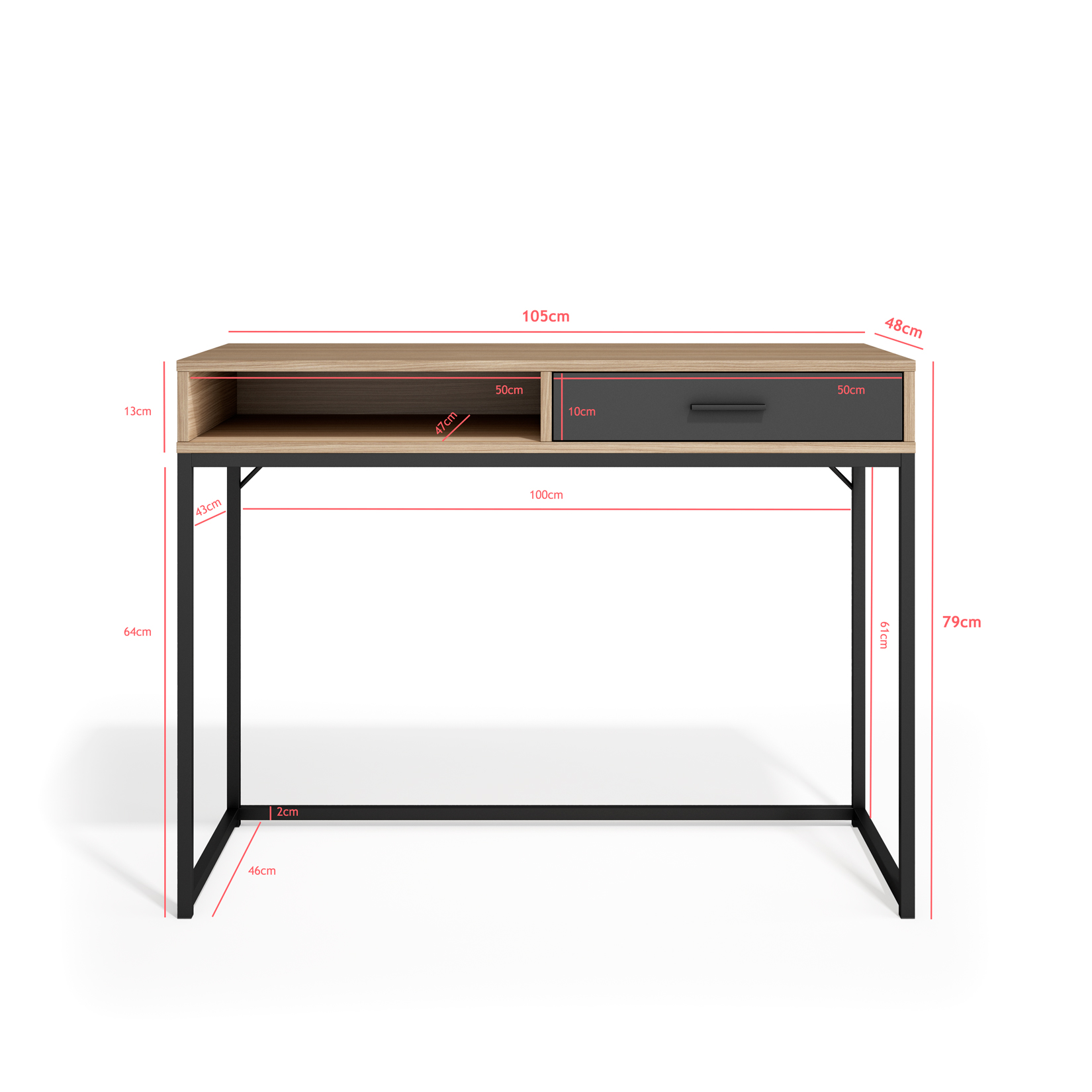Escritorio con un cajón y un estante abierto, acabado en madera y marco de metal negro.