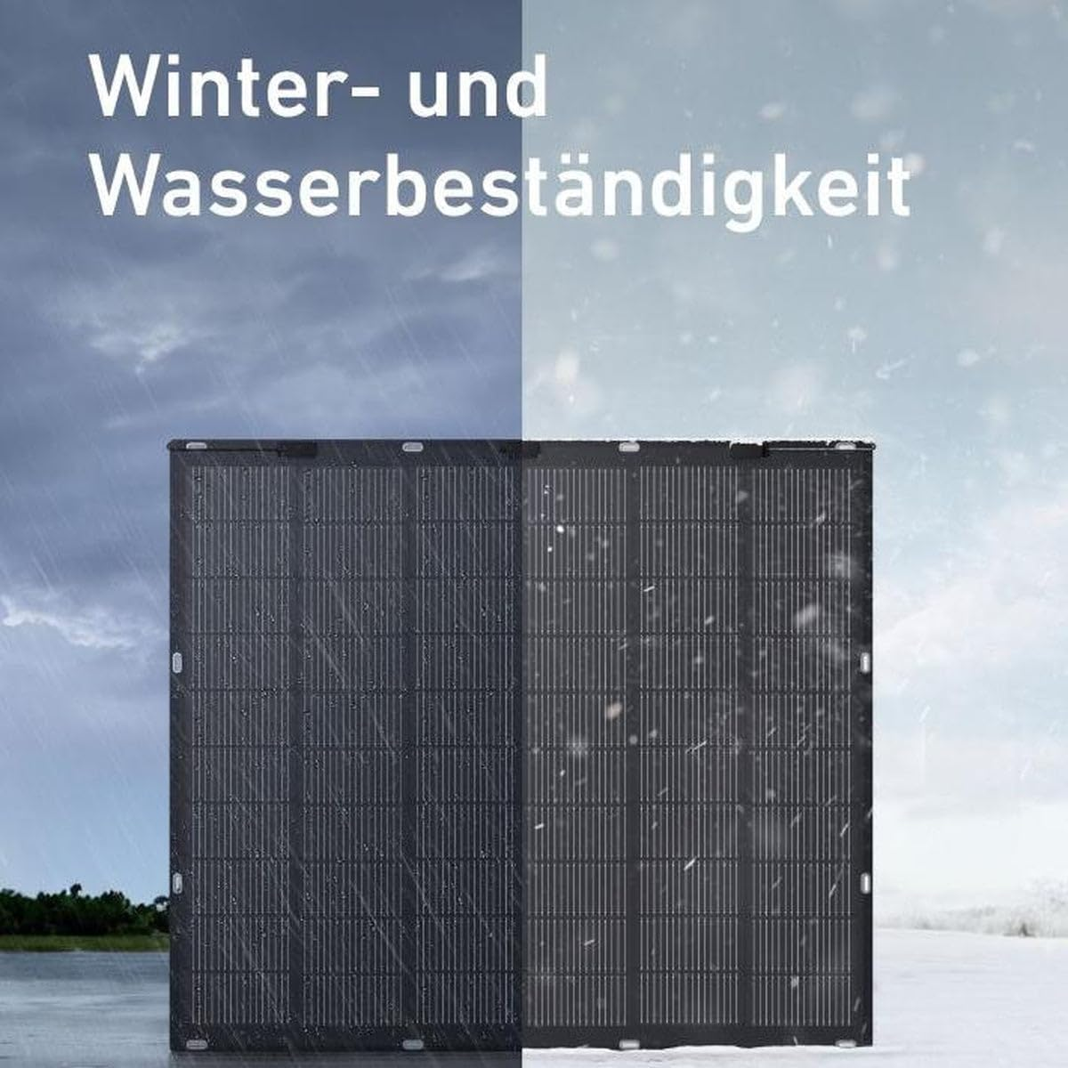 Ein Solarmodul wird bei Regen und Schnee gezeigt, was Winter- und Wasserbeständigkeit symbolisiert.